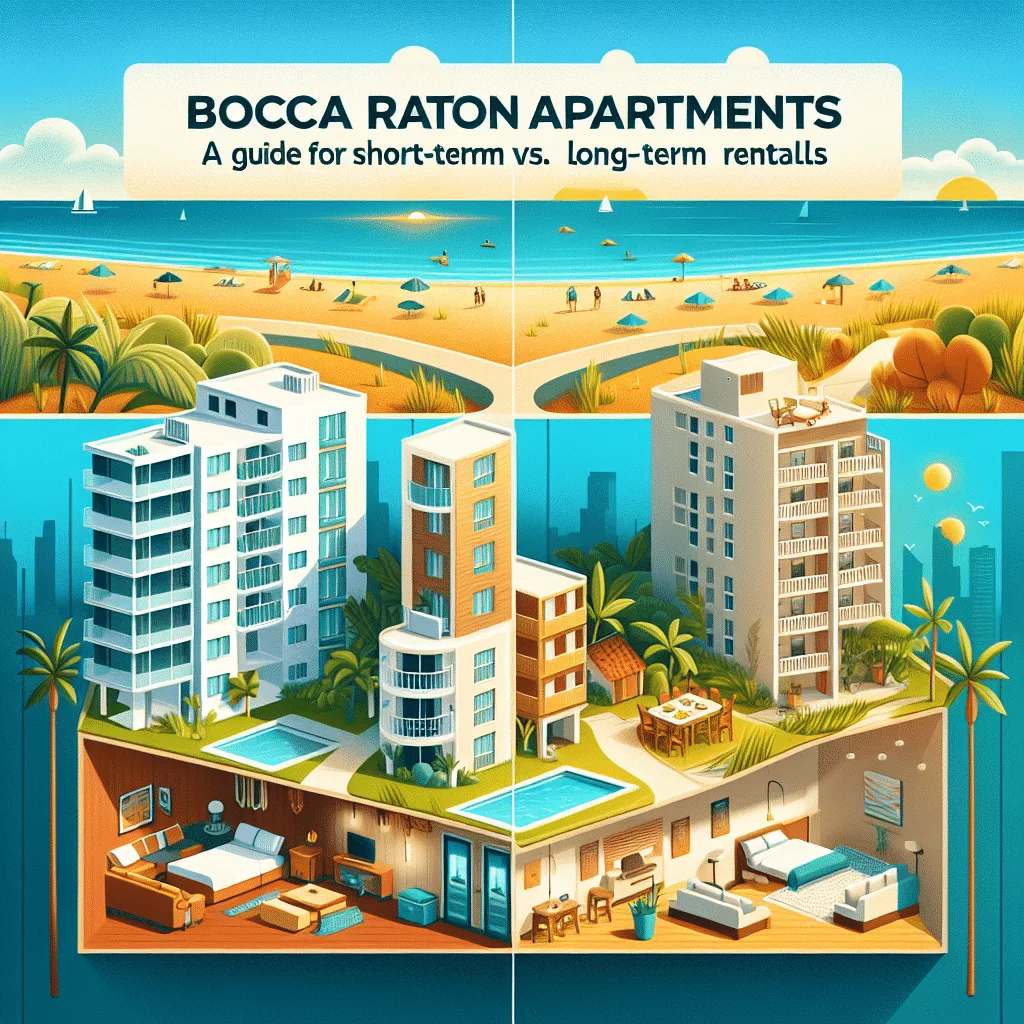 Illustration of Bocca Raton Apartments with a beachfront view. Left side shows a short-term rental with a pool; right side depicts a long-term rental with lawn space. Text at the top reads 