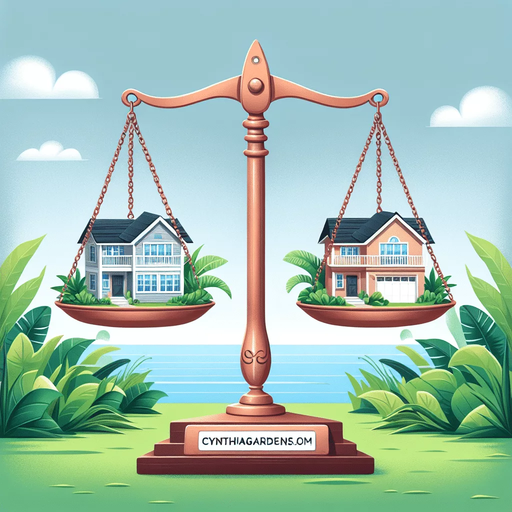 Illustration of a balance scale with two model homes on each side, surrounded by lush green plants. A web address label 