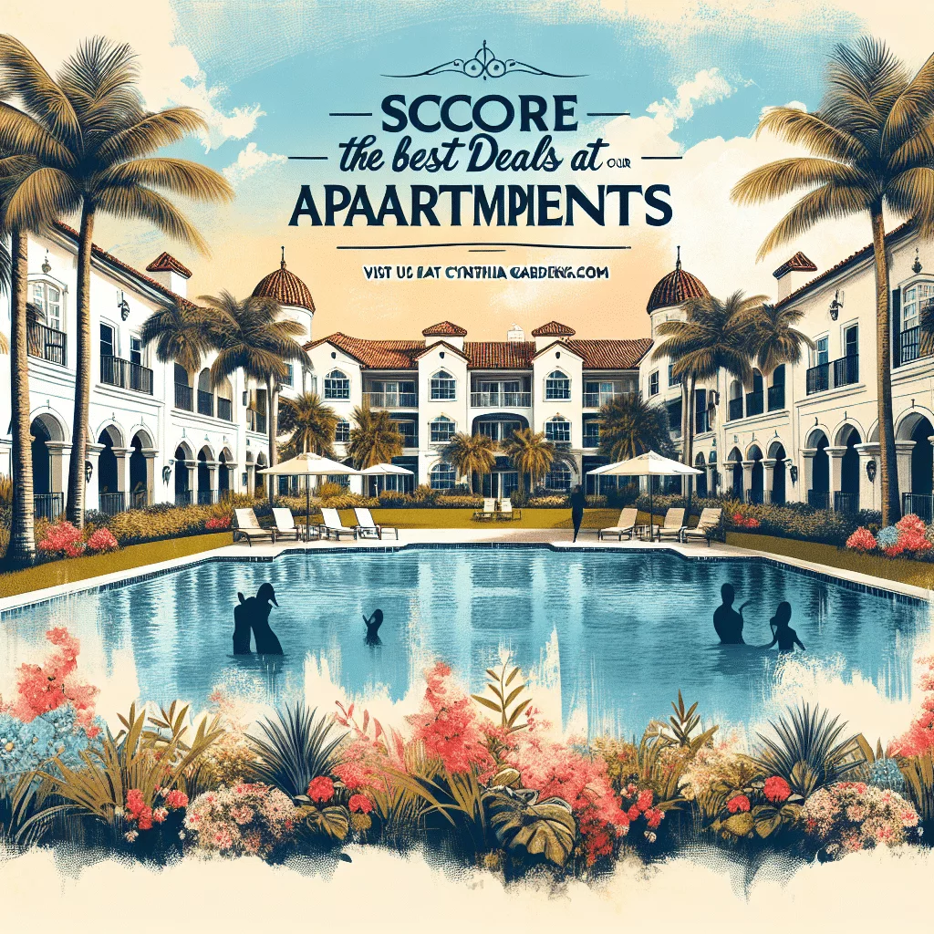 Illustration of a stylish apartment complex with palm trees surrounding a pool. People are swimming and lounging. The text reads, 