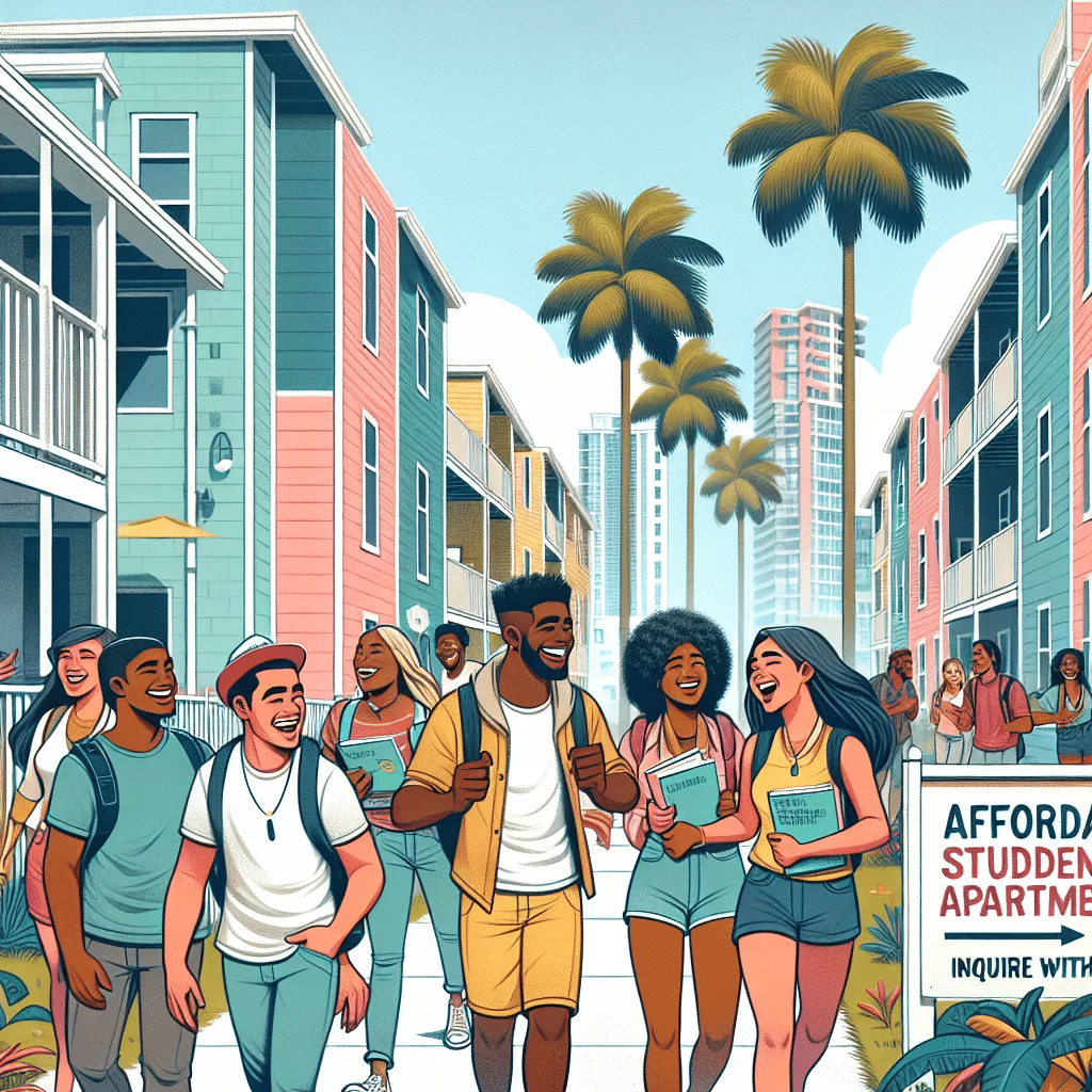 Illustration of diverse students walking down a sunny street lined with palm trees and colorful buildings. A sign reads 