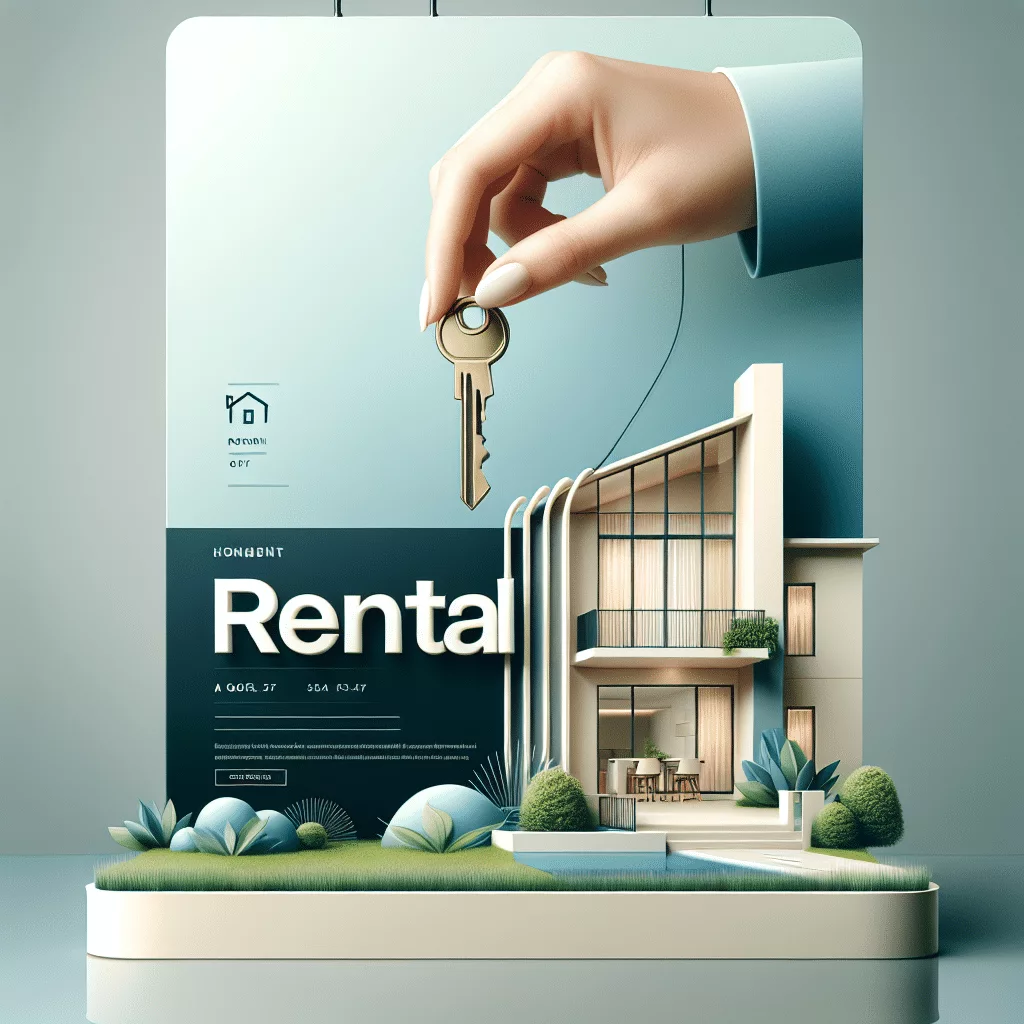 A modern advertisement for rental properties featuring a hand holding a key above a contemporary house. The text includes 