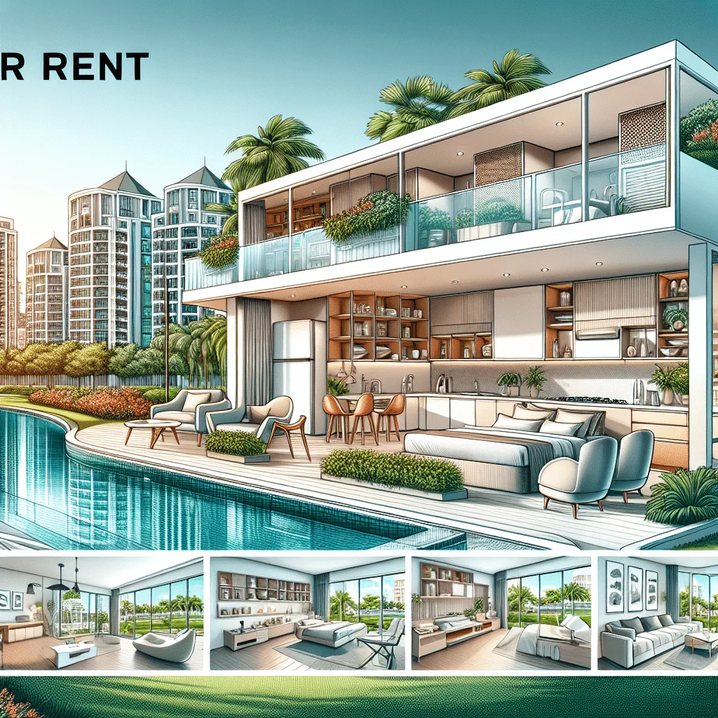 Modern luxury villa with a pool, surrounded by palm trees and overlooking a cityscape with tall buildings. The interior showcases a stylish open-plan living area, kitchen, and multiple living spaces. Text reads 