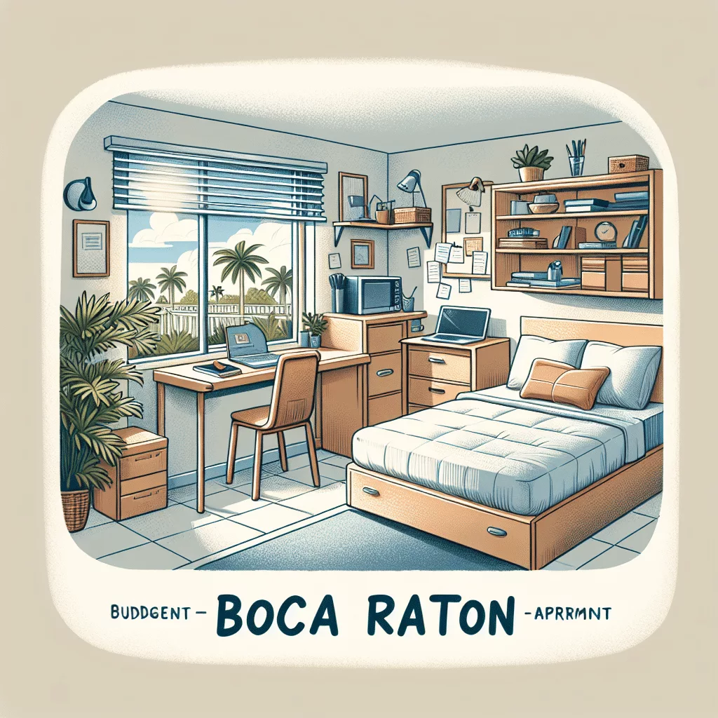 Illustration of a cozy apartment bedroom with a neatly arranged workspace. There's a desk with a computer, shelves with books, and a window showing palm trees outside. The caption reads, 