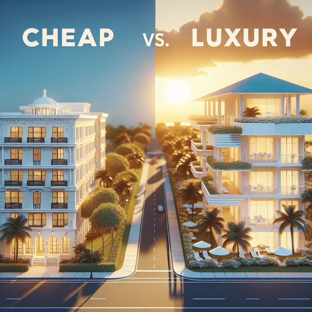 A split image comparing two hotel buildings: on the left, a simple, older building labeled 