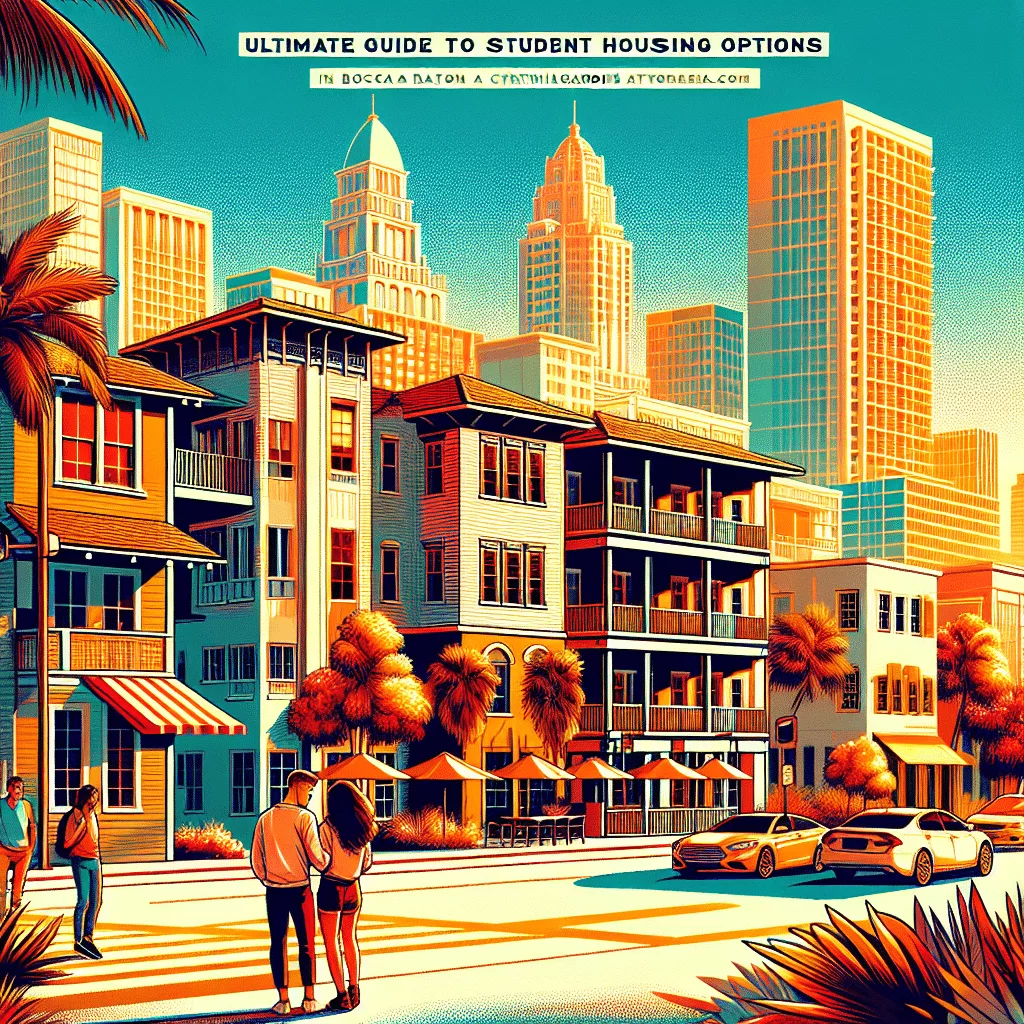 Colorful illustration of a couple walking on a vibrant city street with student housing buildings and skyscrapers. Palm trees line the street, and two cars are parked. A sign reads 