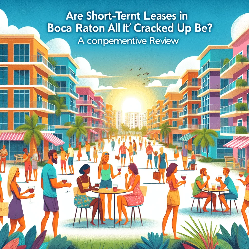 Colorful illustration of people socializing in a lively, sunlit street lined with modern apartment buildings. Palm trees dot the scene, and the text above poses a question about short-term leases in Boca Raton. Titled 