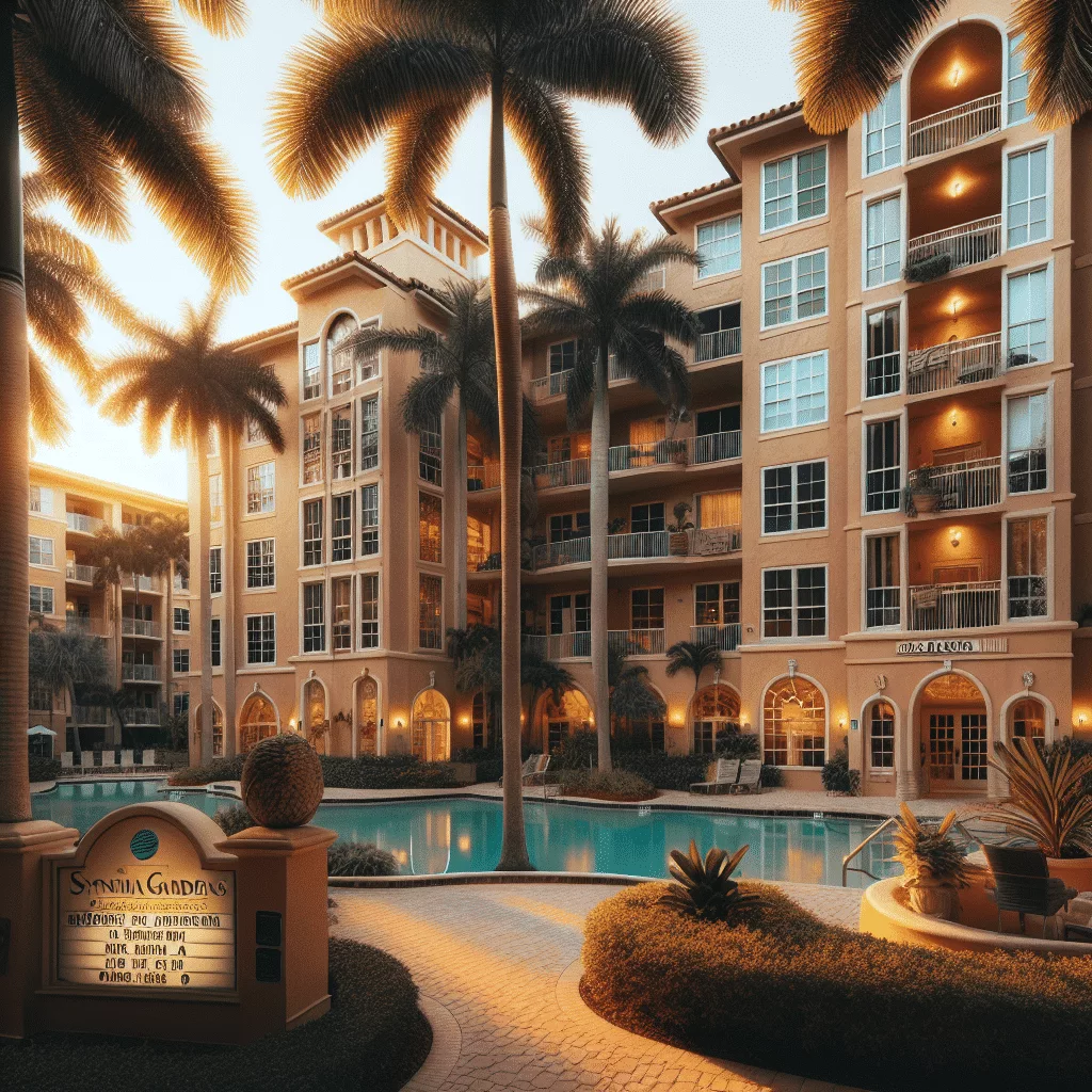A Mediterranean-style apartment complex with warm-toned stucco and archways, surrounded by tall palm trees. A central courtyard features a pool with lounge chairs. A sign at the entrance reads 