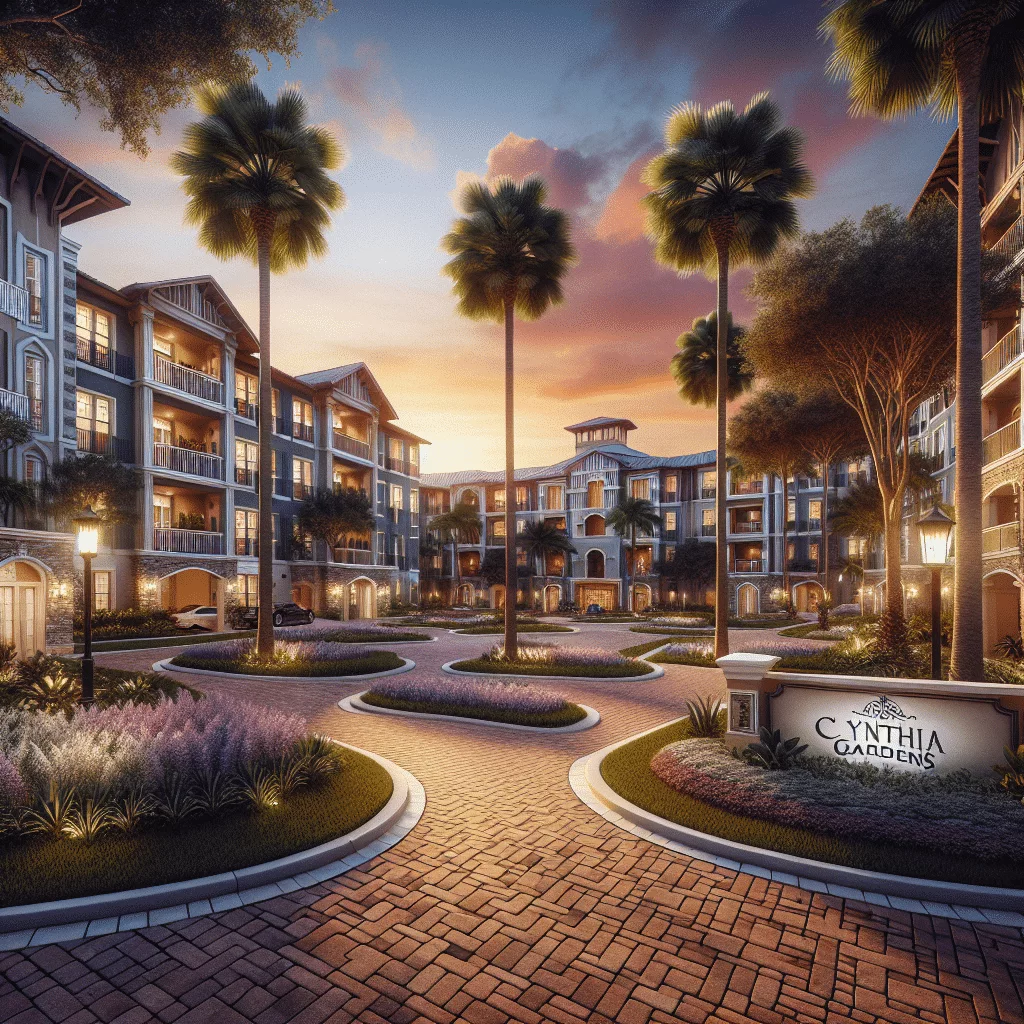 A picturesque courtyard at sunset featuring a residential complex with ornate architecture, surrounded by palm trees and blooming gardens. A sign reads 