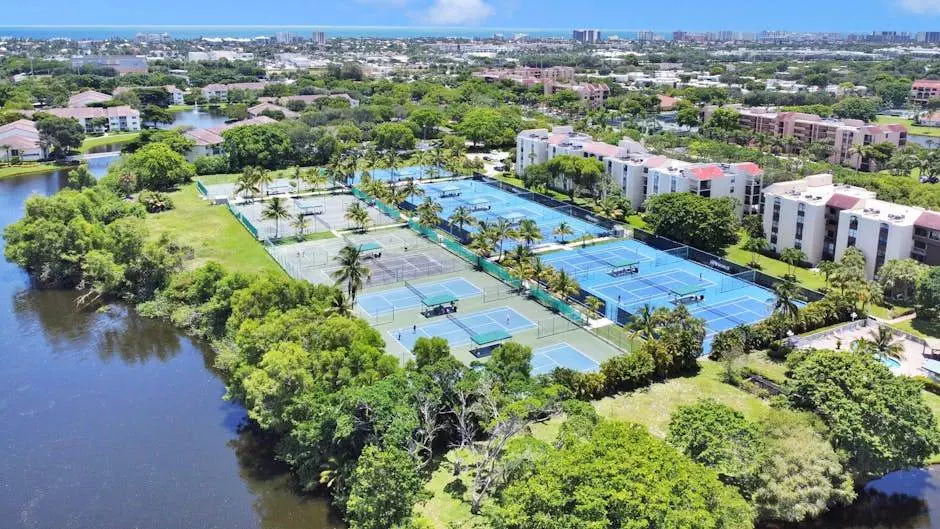 Aerial view of a tennis complex featuring multiple courts surrounded by trees and buildings. A body of water is visible on the left, and a cityscape stretches towards the horizon under a clear blue sky.