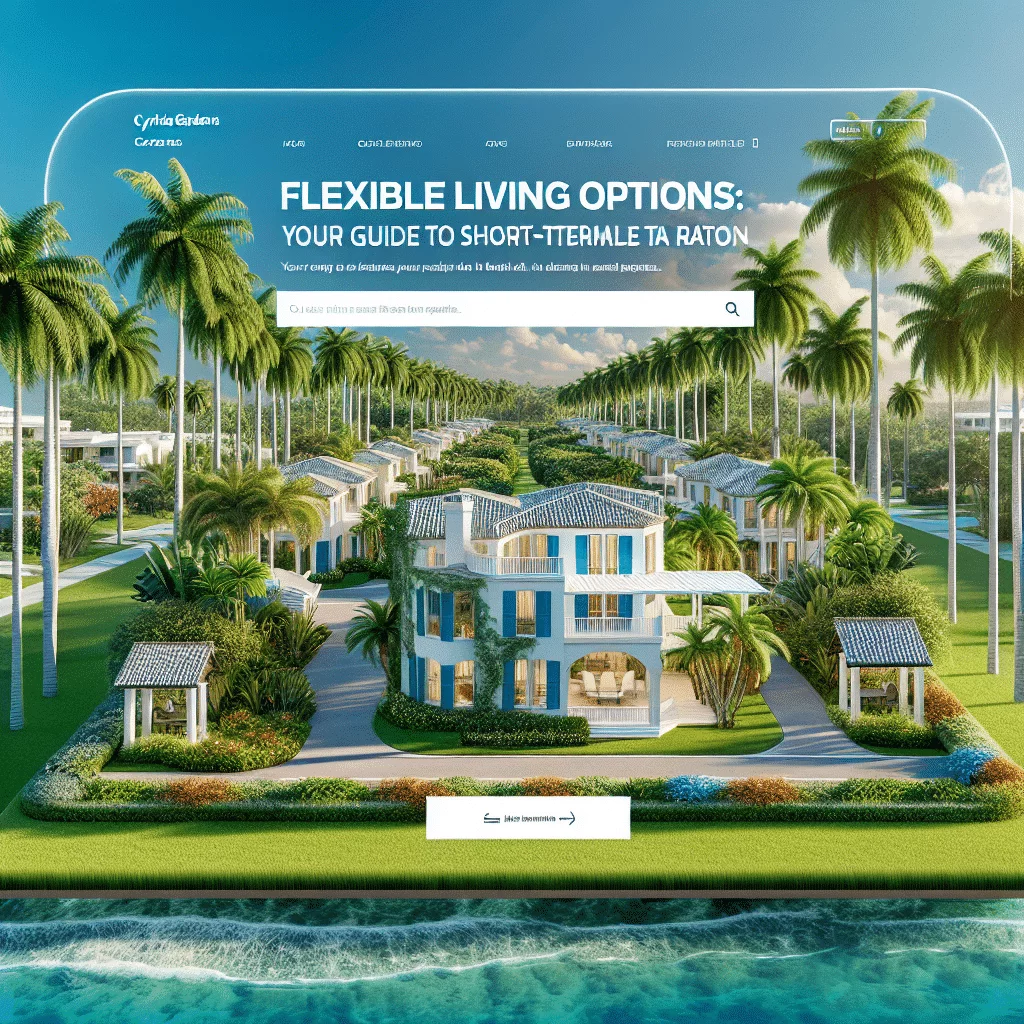 A website homepage shows a tropical resort with multiple villas surrounded by palm trees and gardens. The top section displays a search bar and text promoting flexible living options alongside a call-to-action button.