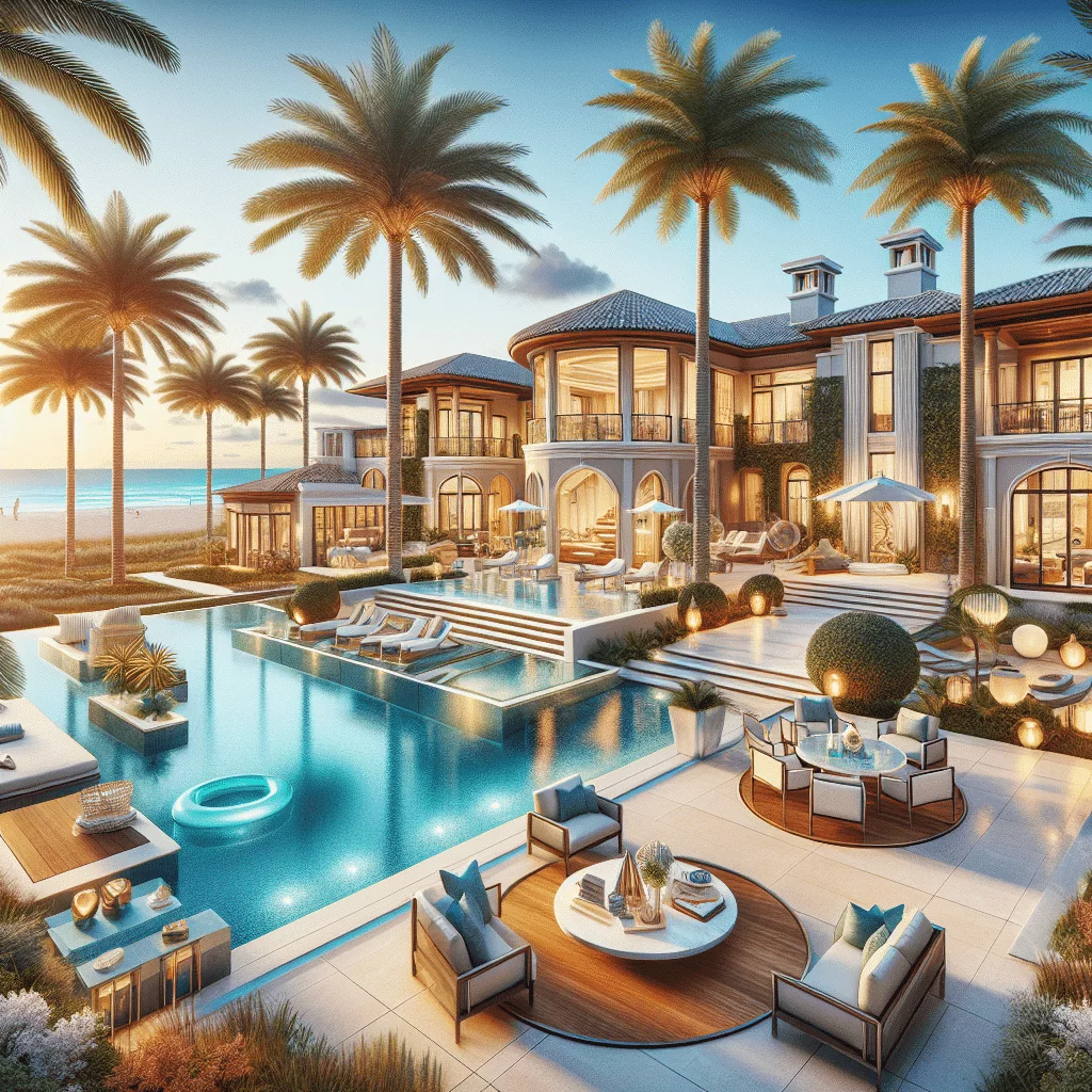 A luxurious beachfront villa with large windows, multiple patios, palm trees, and a spacious pool surrounded by elegant outdoor seating areas, glowing at sunset. The ocean is visible in the background.