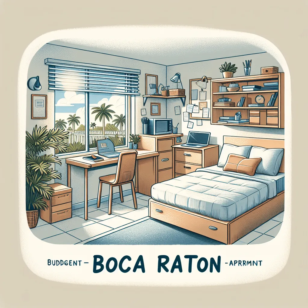 Illustration of a cozy apartment bedroom with a neatly arranged workspace. There's a desk with a computer, shelves with books, and a window showing palm trees outside. The caption reads, 