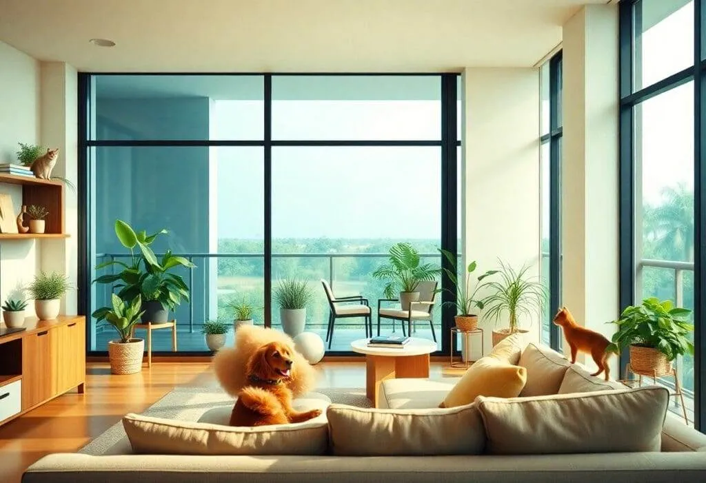 A modern living room with large windows letting in natural light. A dog sits on a beige sofa, surrounded by green plants. Two cats are visible, one on a shelf and another near the window. A balcony can be seen outside.