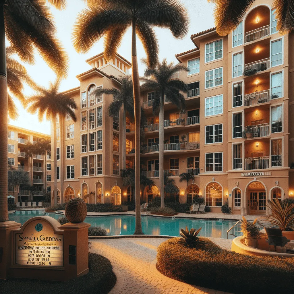 A Mediterranean-style apartment complex with warm-toned stucco and archways, surrounded by tall palm trees. A central courtyard features a pool with lounge chairs. A sign at the entrance reads 