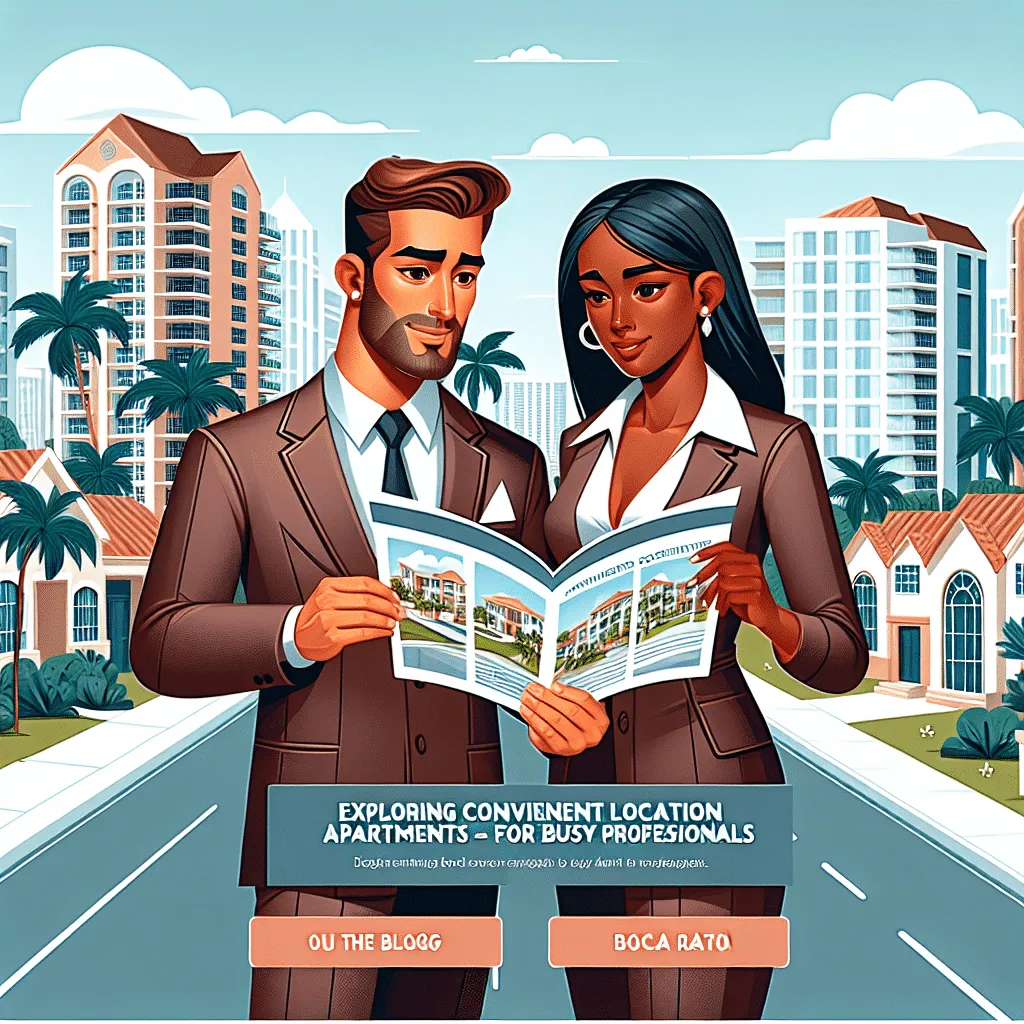 A professional man and woman in business attire examine a brochure, standing on a palm-tree-lined street with high-rise buildings in the background. Text reads, 