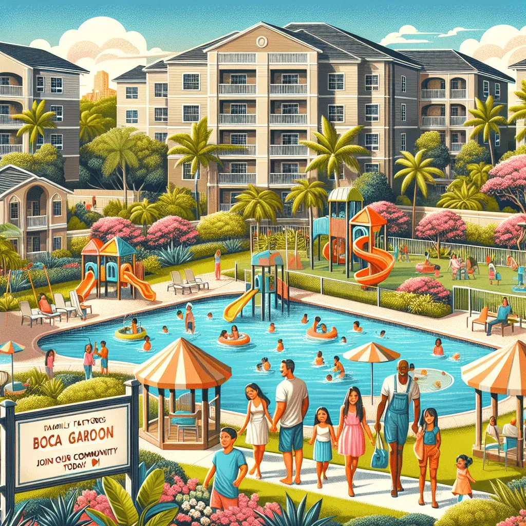 Illustration of a vibrant community pool area surrounded by apartment buildings and palm trees. Families and children are enjoying the pool, slides, and a sunny day. The sign reads 
