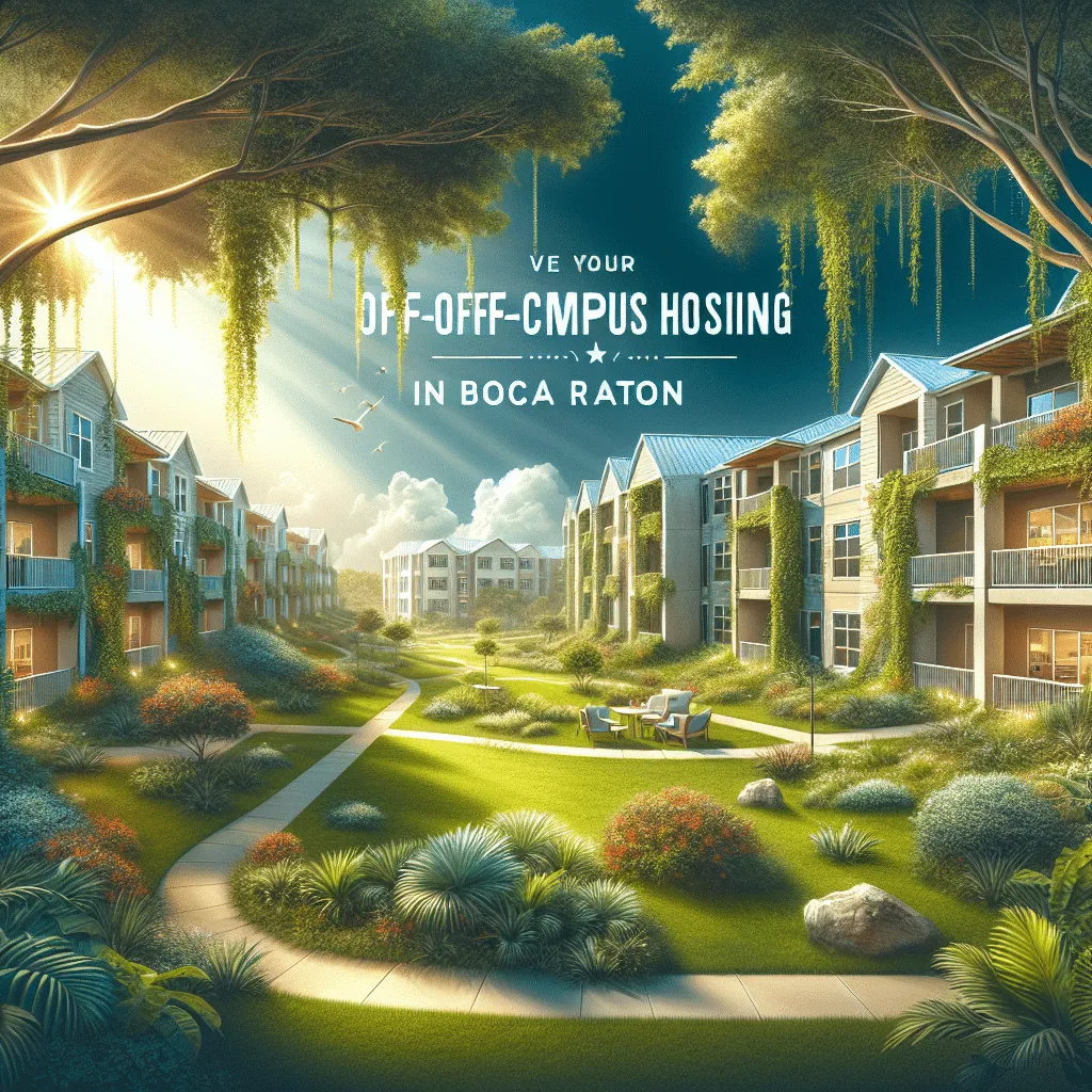A vibrant, sunny courtyard surrounded by modern multi-story apartment buildings with lush greenery and trees. A group of people relaxes on chairs on the neatly trimmed grass. Text reads, 