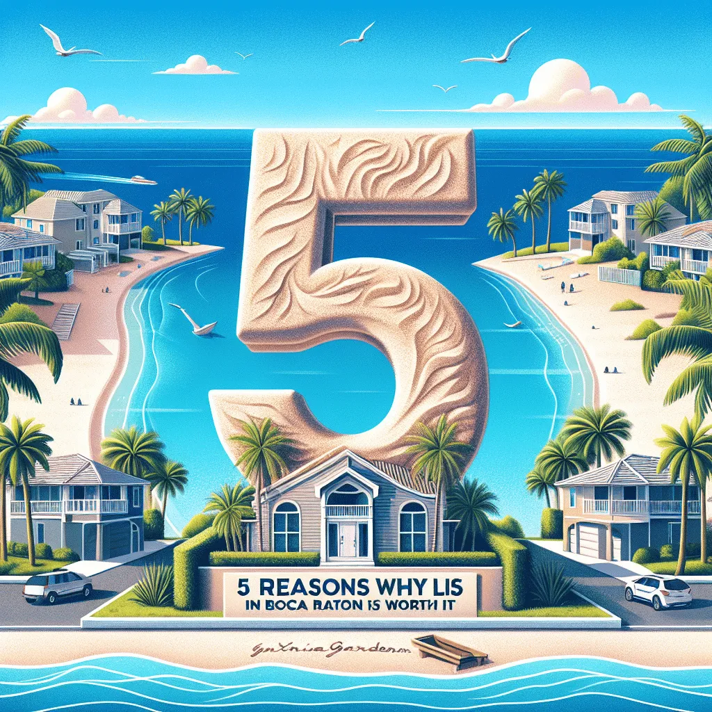 Illustration of a tropical coastal scene featuring a large number 5, surrounded by palm trees and beach houses. Text at the bottom reads: 
