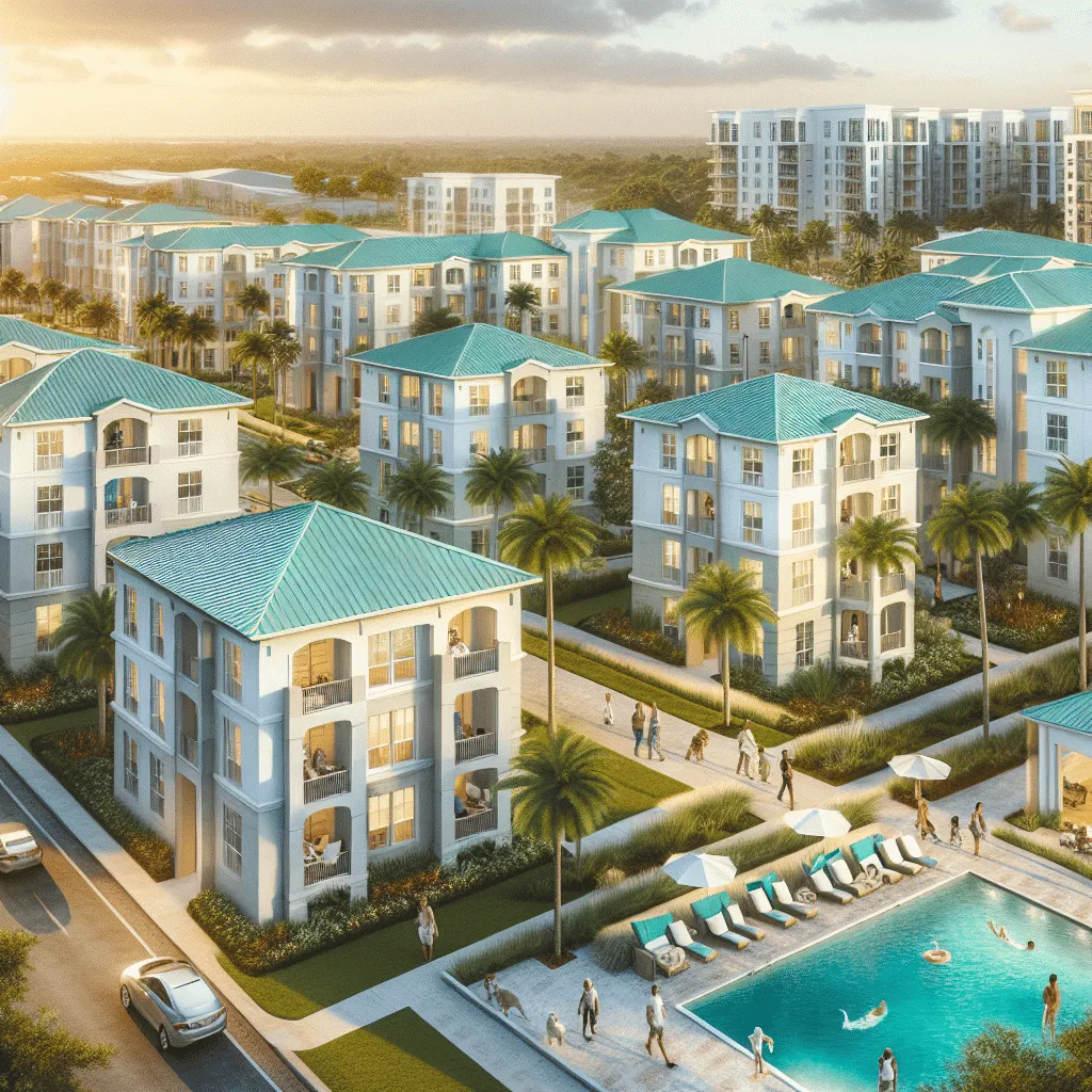 Aerial view of a modern apartment complex featuring multiple buildings with turquoise roofs. The area includes palm trees, a swimming pool with lounge chairs, and people walking nearby. The setting is sunny and residential.