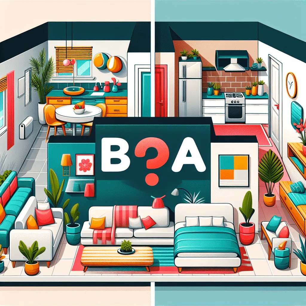 Split-screen illustration of two colorful interiors. The left shows a spacious living room and dining area with plants, while the right depicts a compact kitchen and lounge. A large 