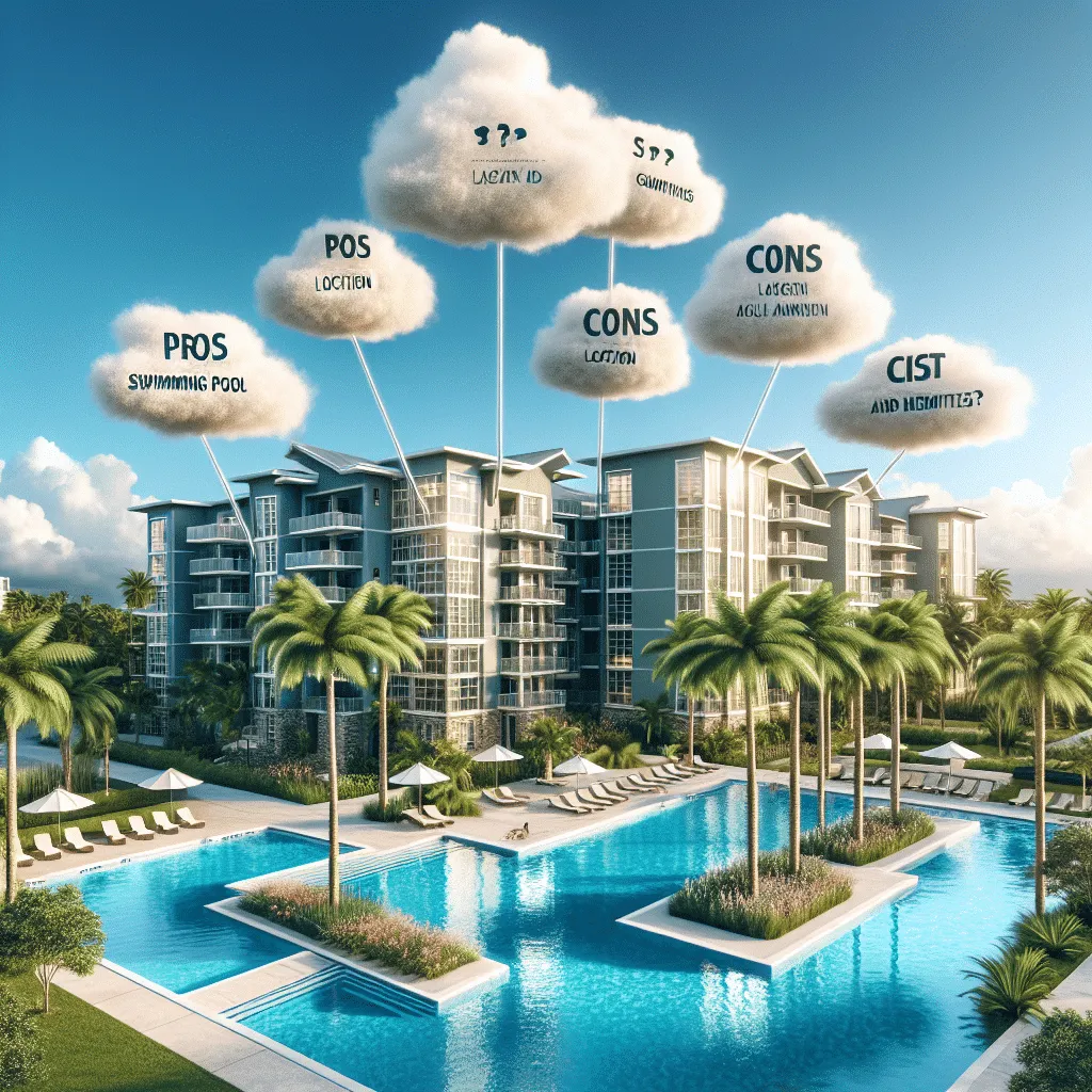 Sunny tropical resort with palm trees and a large pool. Floating clouds above the buildings list positives like 