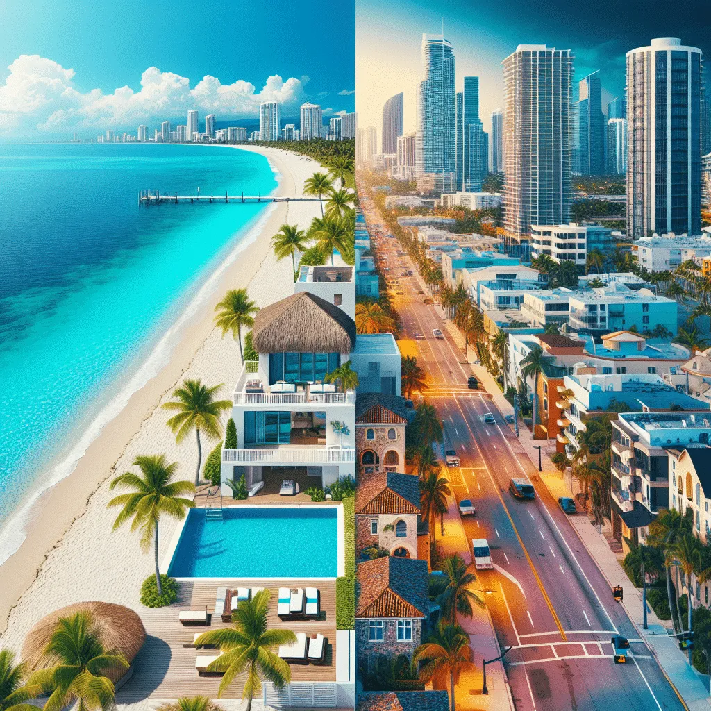 Split image of a coastal city: on the left, a vibrant beach with turquoise waters, palm trees, and a modern villa with a pool; on the right, a bustling cityscape with high-rise buildings and a busy street at sunset.