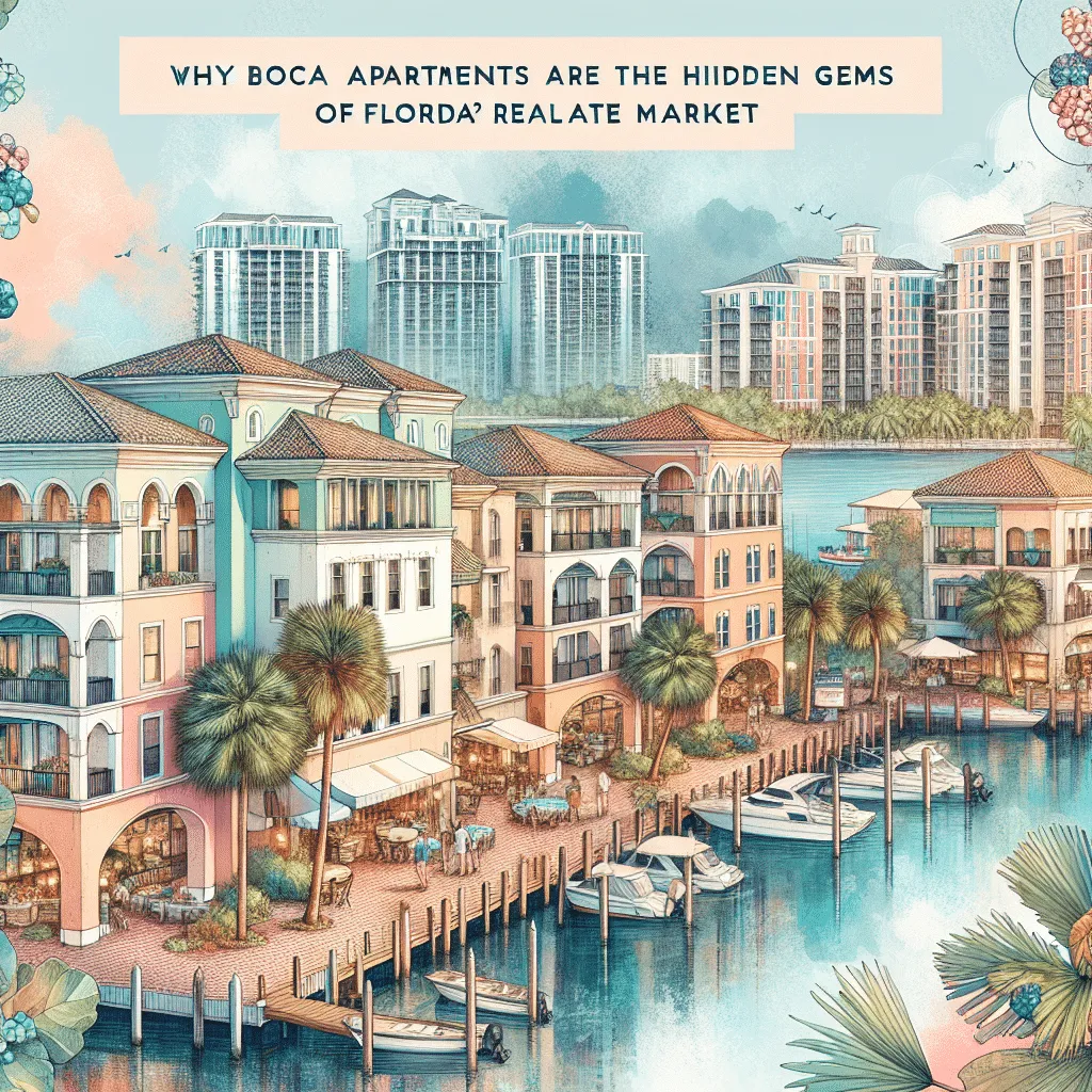 Illustrated scenic view of waterfront apartments in Boca, Florida, with palm trees and boats. Pastel-colored buildings and high-rises in the distance create a serene ambiance. Text reads, 