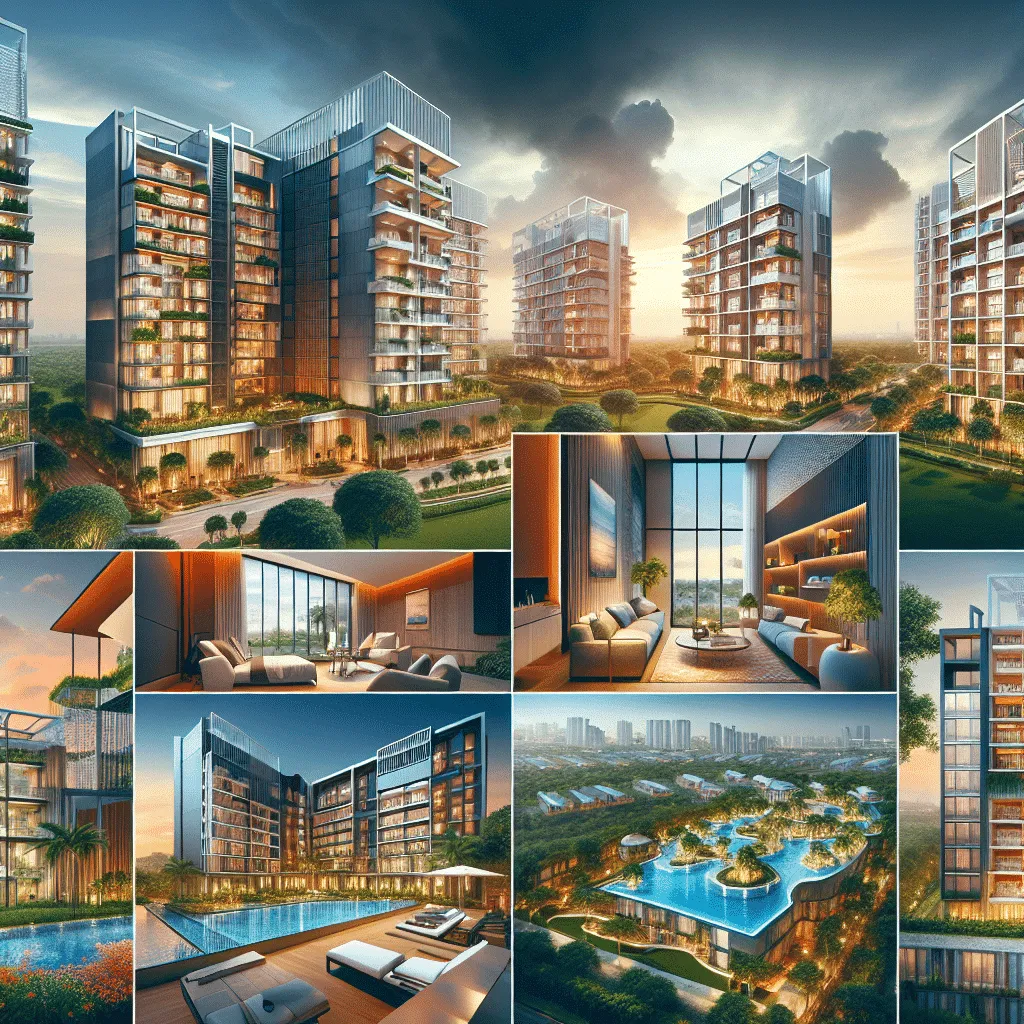 Collage of luxurious high-rise apartments with spacious interiors, pools, and lush greenery. Shows modern architecture with glass facades, open-plan living areas, and scenic views. Evening light enhances the elegance of the buildings and outdoor spaces.