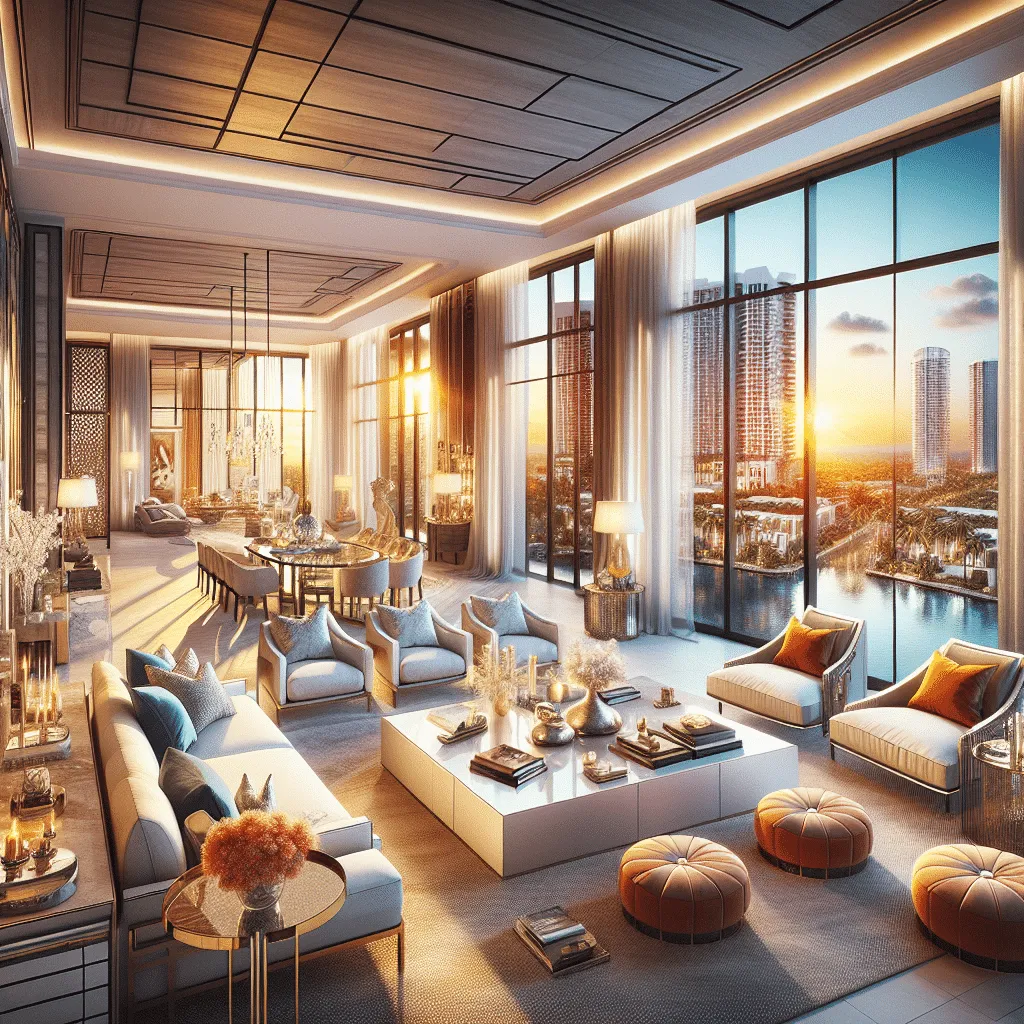 A luxurious living room with modern decor, featuring large windows overlooking a cityscape at sunset. It includes plush sofas, a dining area, and elegant lighting. The room is bathed in warm sunlight, enhancing the cozy and sophisticated atmosphere.