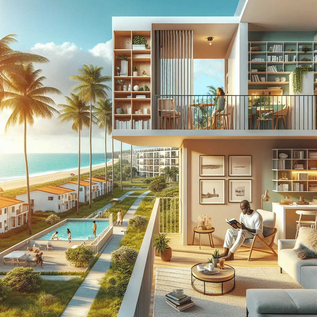 Modern beachfront apartments with large windows and open balconies. People relax indoors and outdoors. A person reads on a balcony overlooking palm trees, a pool, and the ocean under a bright blue sky.