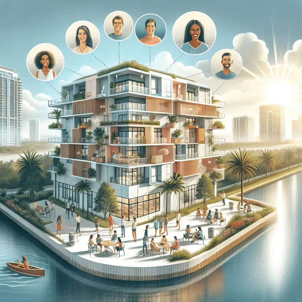 A modern multi-story apartment building near a waterfront, with people socializing outside. Inset circles above show diverse residents. The scene is sunny with a clear sky, surrounded by palm trees and city buildings in the background.