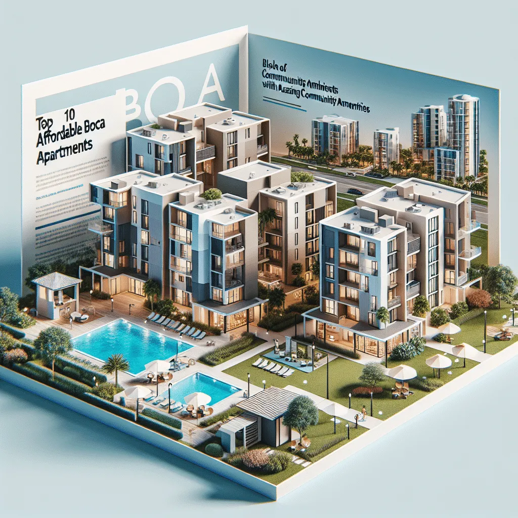 3D illustration of an open magazine displaying a modern apartment complex with a pool, greenery, and social areas. The headline reads 
