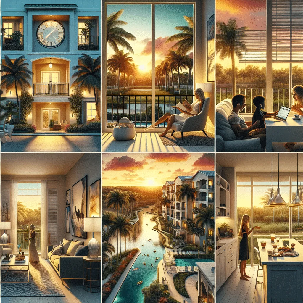 A collage of a luxurious tropical resort at sunset, featuring a clock tower, palm trees, cozy interiors with people reading and dining, and an aerial view of a canal lined with buildings. Warm lighting creates a serene ambiance throughout.