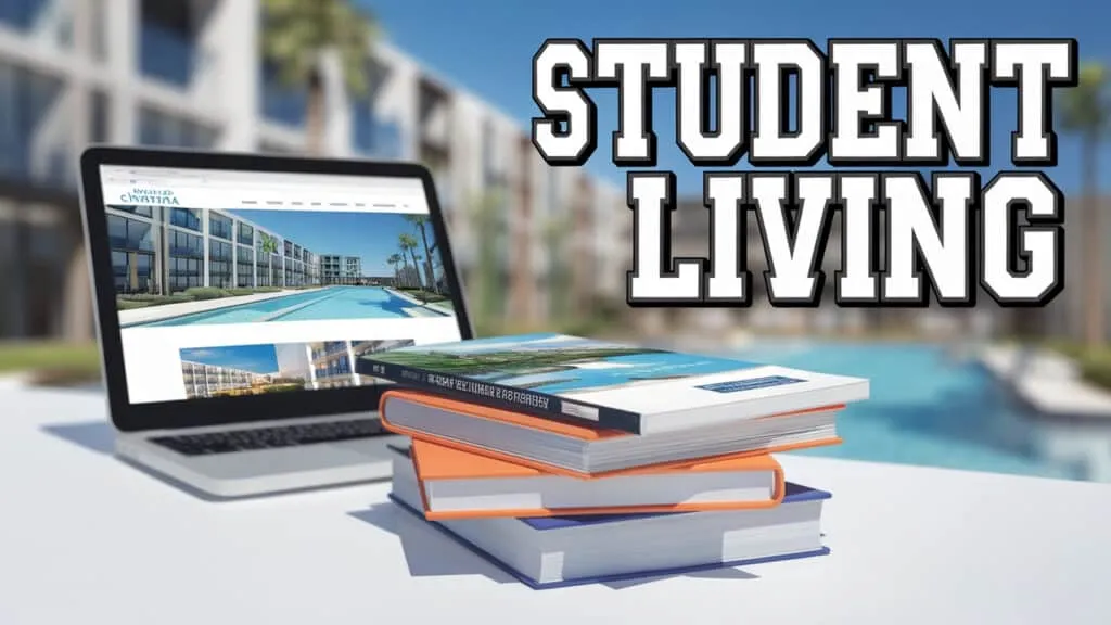 A laptop displaying an apartment website sits on a table beside a stack of textbooks. In the background, there's a pool adjacent to modern apartment buildings. The words 