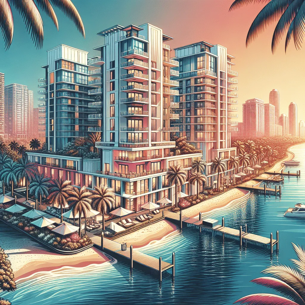 Modern waterfront high-rise buildings with large balconies overlook a tropical beach lined with palm trees, cabanas, and private docks along calm blue water, set against a colorful sunset cityscape.