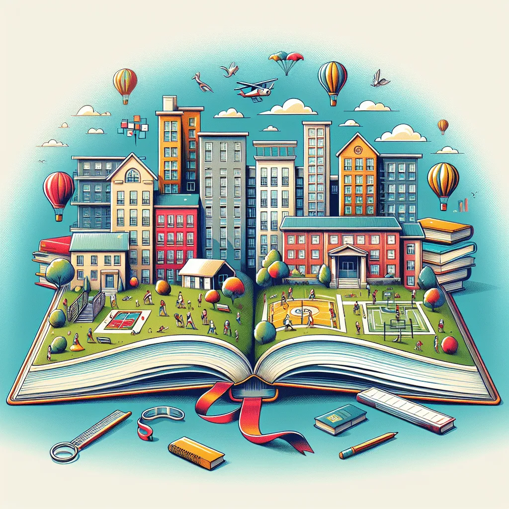 An open book transforms into a lively cityscape with buildings, playgrounds, and sports fields. Children play in the grassy areas, while hot air balloons and birds float in a bright sky above. School supplies lie in the foreground.