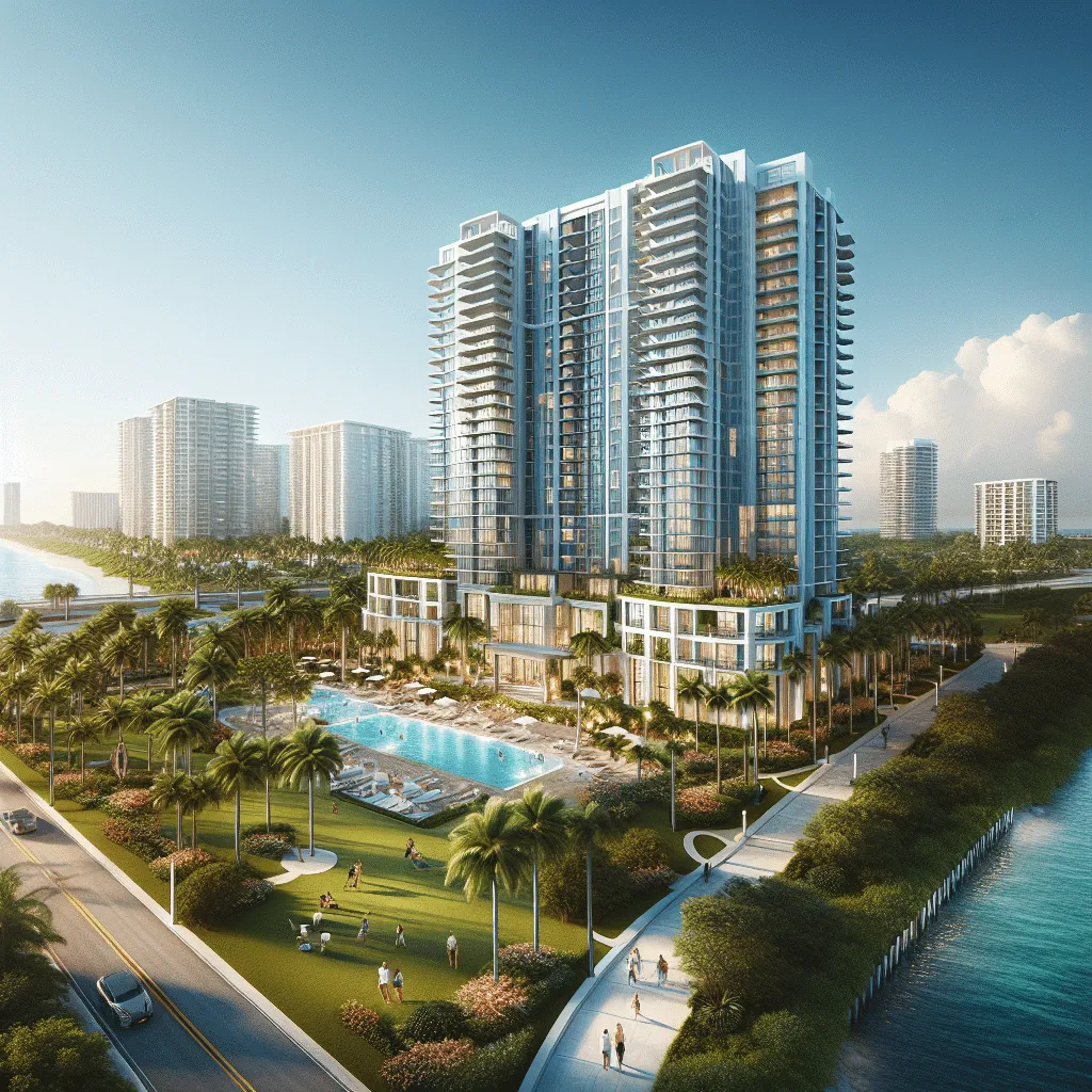 A modern high-rise condominium complex with large balconies, surrounded by lush landscaping, a swimming pool, palm trees, and walking paths, set near water with other tall buildings in the background on a sunny day.