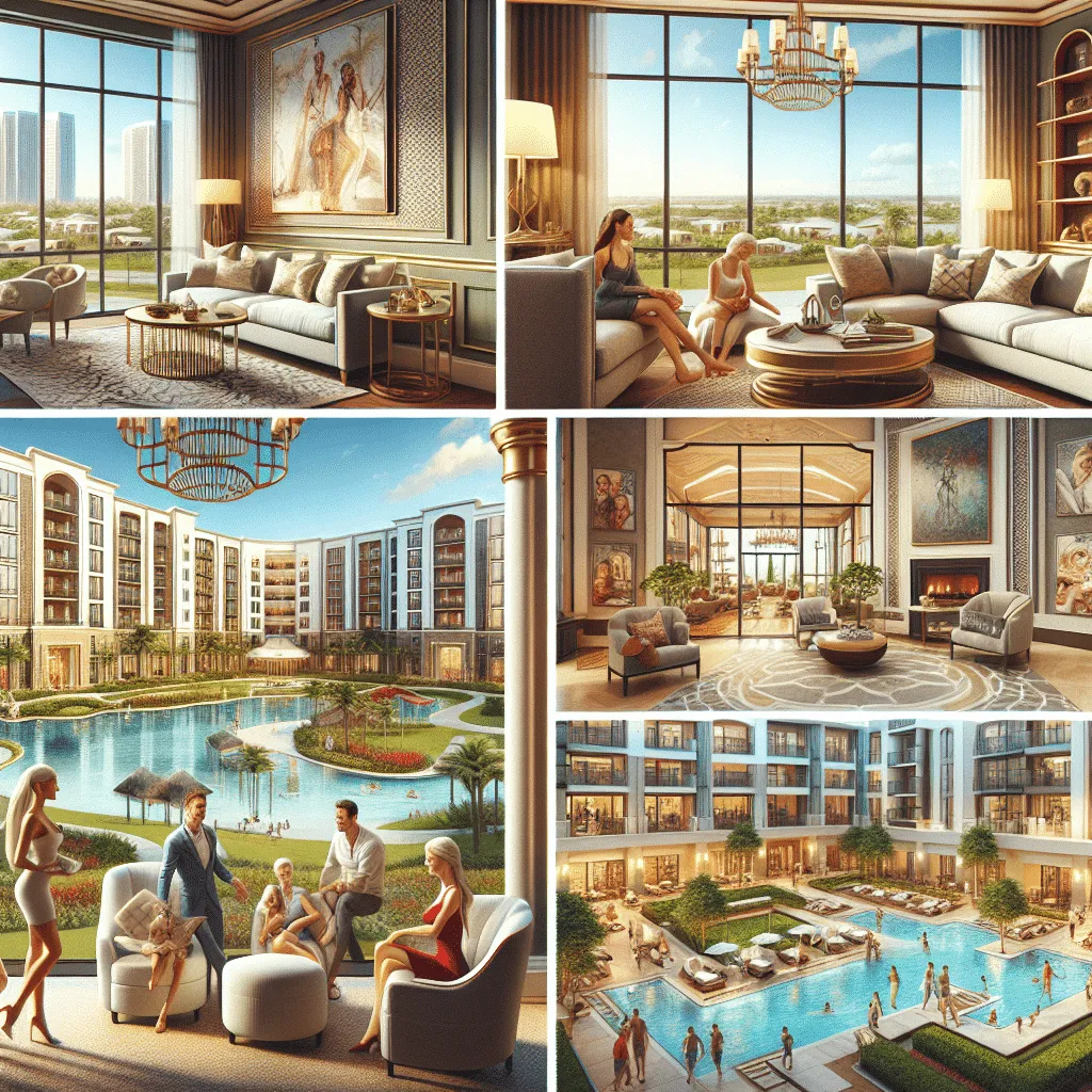 A collage of luxury hotel scenes: elegant lounges with large windows, groups of well-dressed people socializing, and outdoor pools surrounded by chic buildings and lush landscaping.