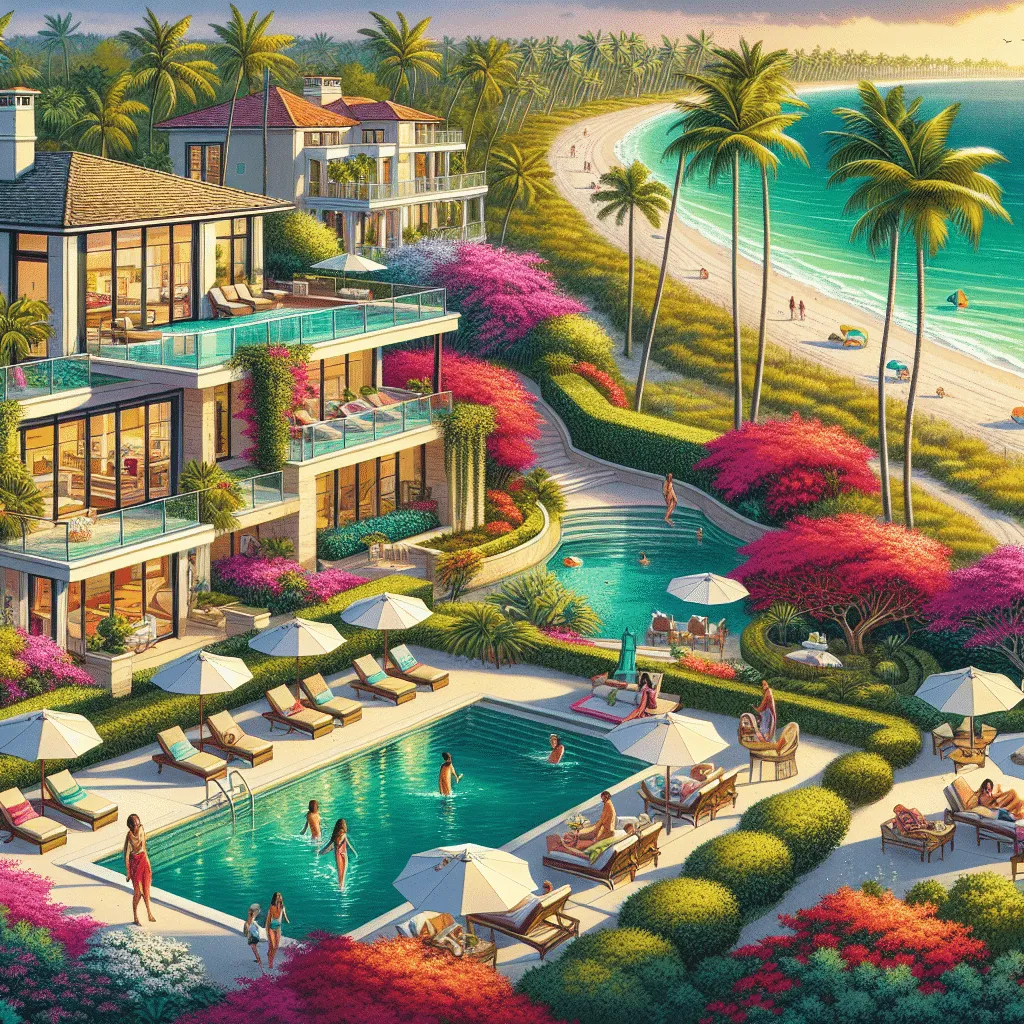 Luxury beachfront resort with palm trees, vibrant flowers, pools, and people relaxing on lounge chairs and swimming. The ocean and sandy beach are in the background, with a few people walking along the shoreline.
