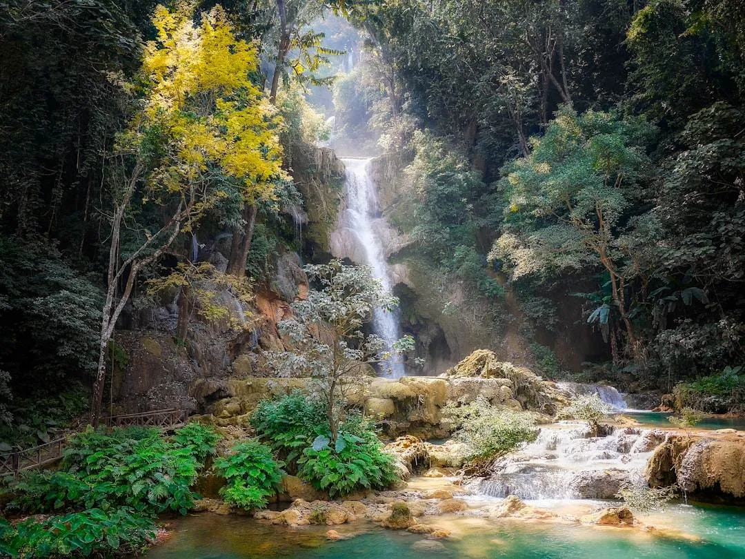 A serene waterfall cascades through a lush forest, surrounded by vibrant green foliage and rocks. Sunlight filters through the trees, casting dappled light on the water and creating a tranquil, picturesque scene.