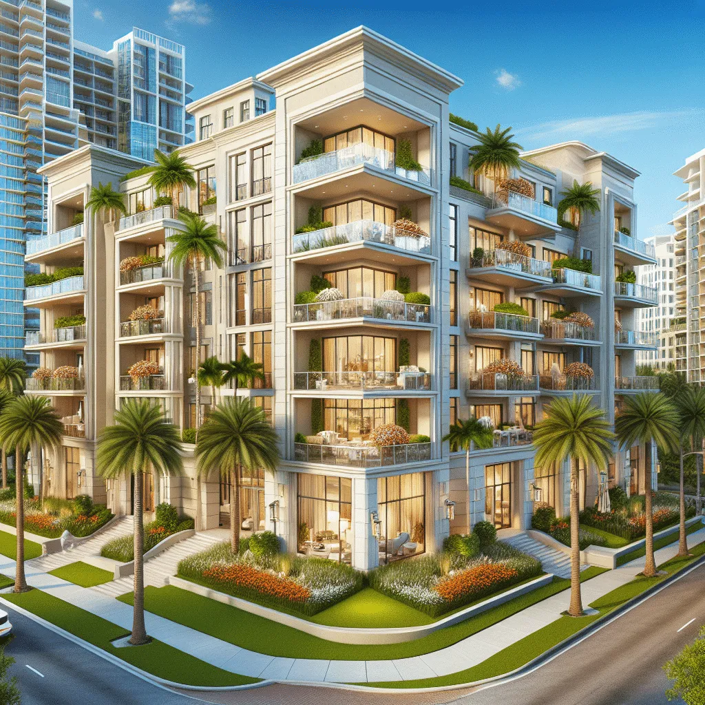 A modern, multi-story residential building with large balconies, surrounded by palm trees and landscaped gardens, set against a backdrop of other contemporary buildings under a clear blue sky.
