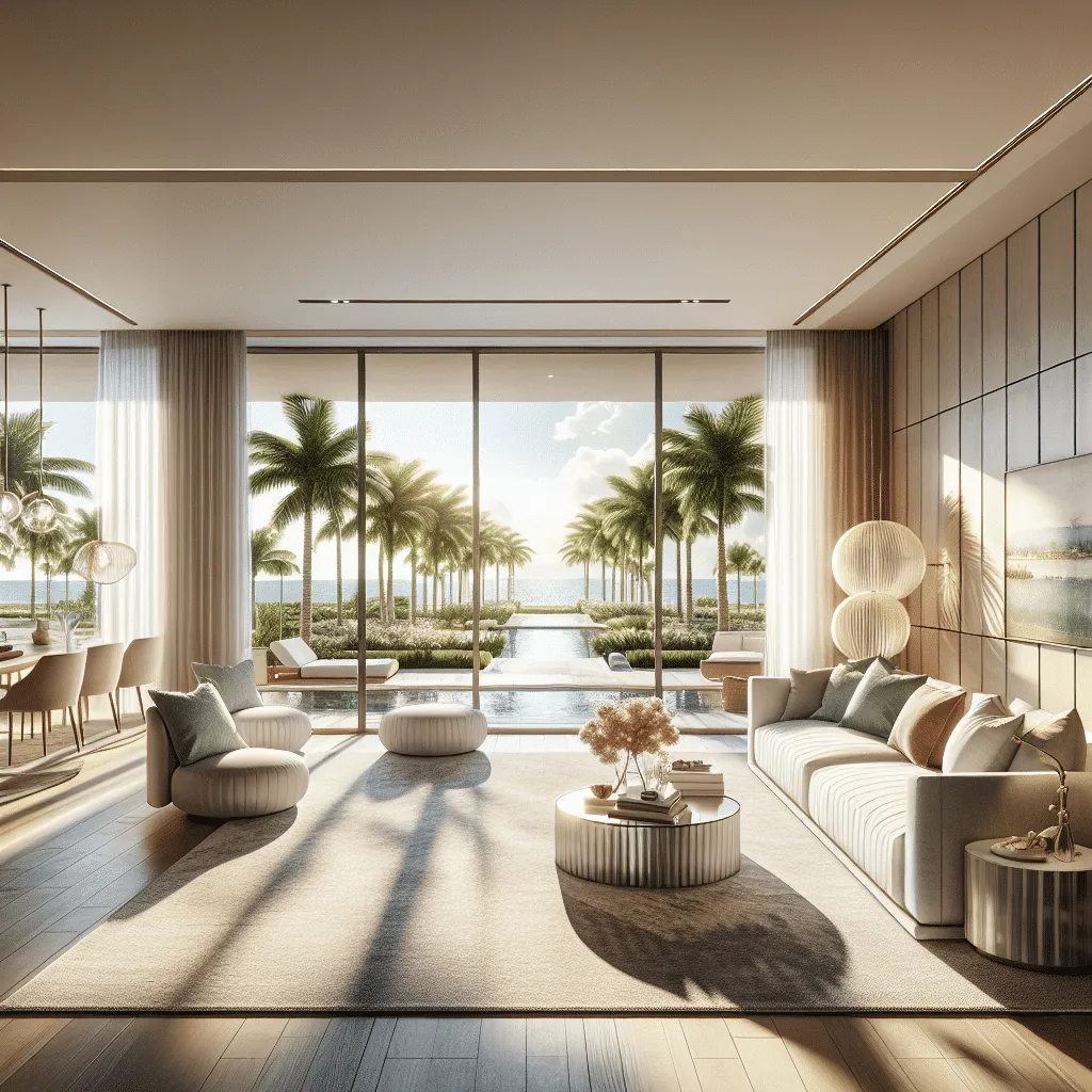 Luxurious living room with large glass doors opening to a view of palm trees and water. Sunlight floods the modern space, featuring elegant furniture, soft lighting, and neutral tones. A dining area is visible to the left.