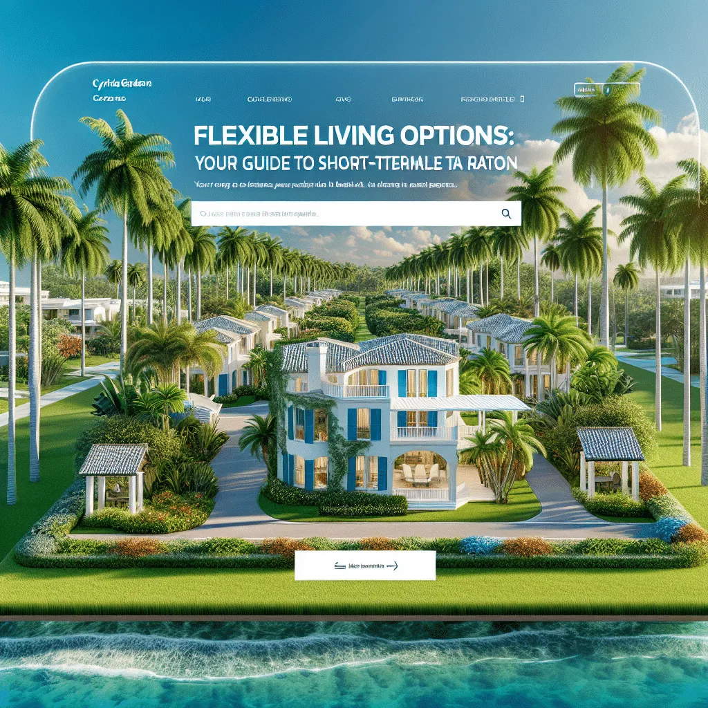 A website homepage shows a tropical resort with multiple villas surrounded by palm trees and gardens. The top section displays a search bar and text promoting flexible living options alongside a call-to-action button.