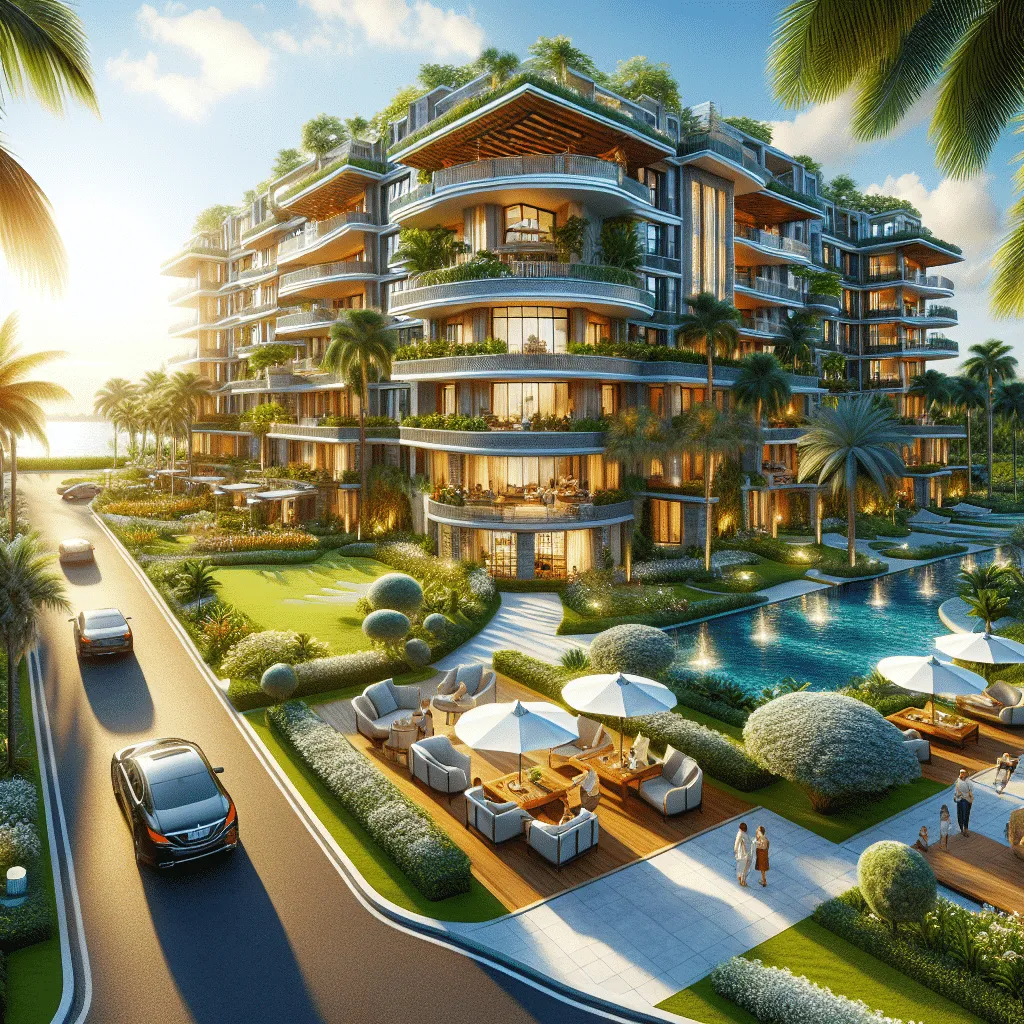 Luxurious modern apartment complex with greenery on balconies, surrounded by landscaped gardens and a pool. Relaxing outdoor seating areas, palm trees, and cars on a nearby road underscore the serene, upscale setting.