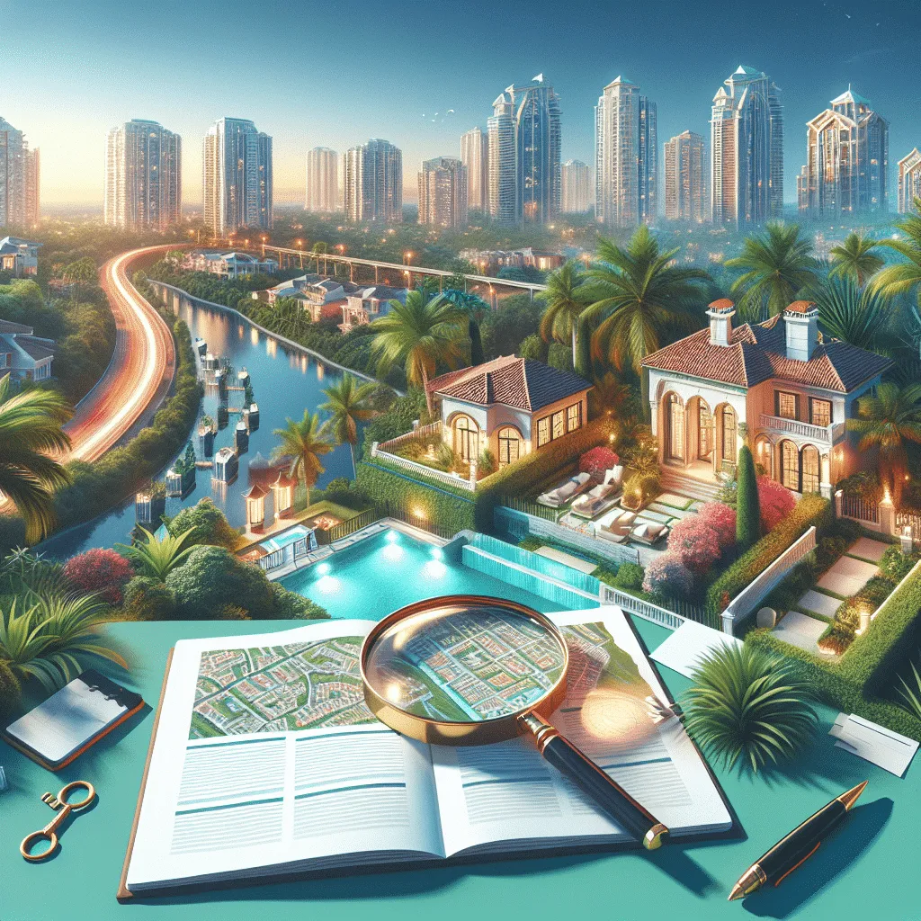 A detailed illustration of a cityscape blending urban and suburban elements. High-rise buildings loom in the background while suburban houses, pools, and palm trees are in the foreground. A magnifying glass and open book with a map are in front.