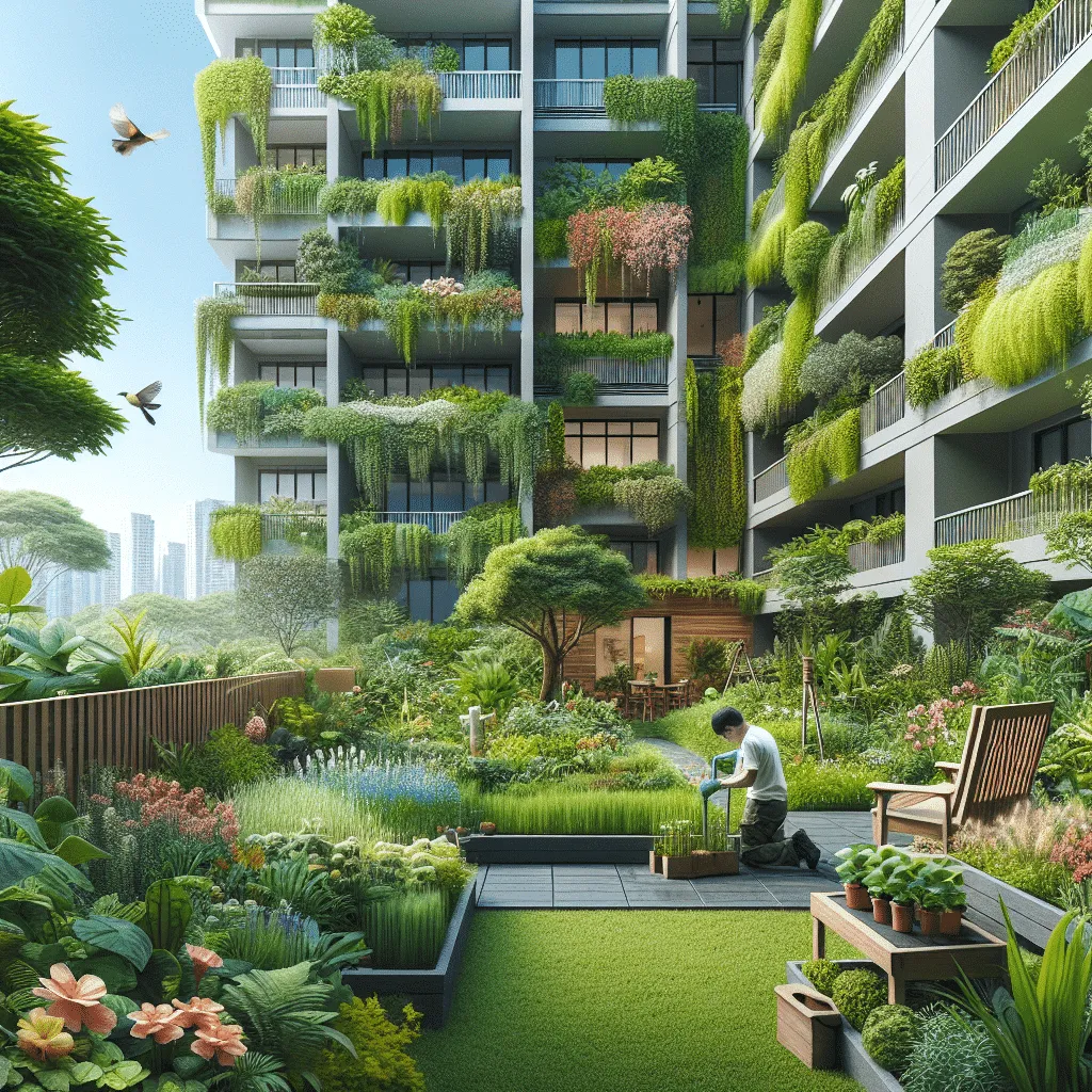 A person tends to plants in a lush urban garden, surrounded by greenery. An apartment building with vertical gardens is in the background. The scene is vibrant, with flowers, shrubs, and birds flying above.