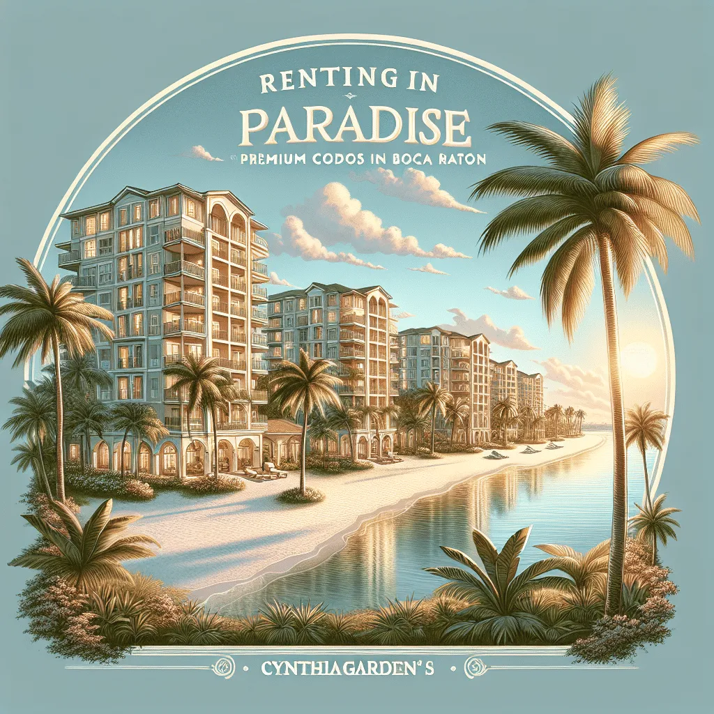 A sunny, tropical scene shows luxury condos by a palm-lined beach. The text reads 