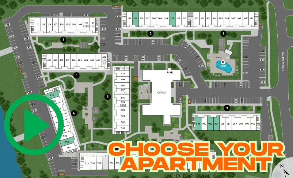 Aerial view of Boca Raton Apartments for Rent: numbered buildings, parking lots, pool, and green areas. A large green play button is on the left, with “CHOOSE YOUR APARTMENT” in bold orange at the bottom.