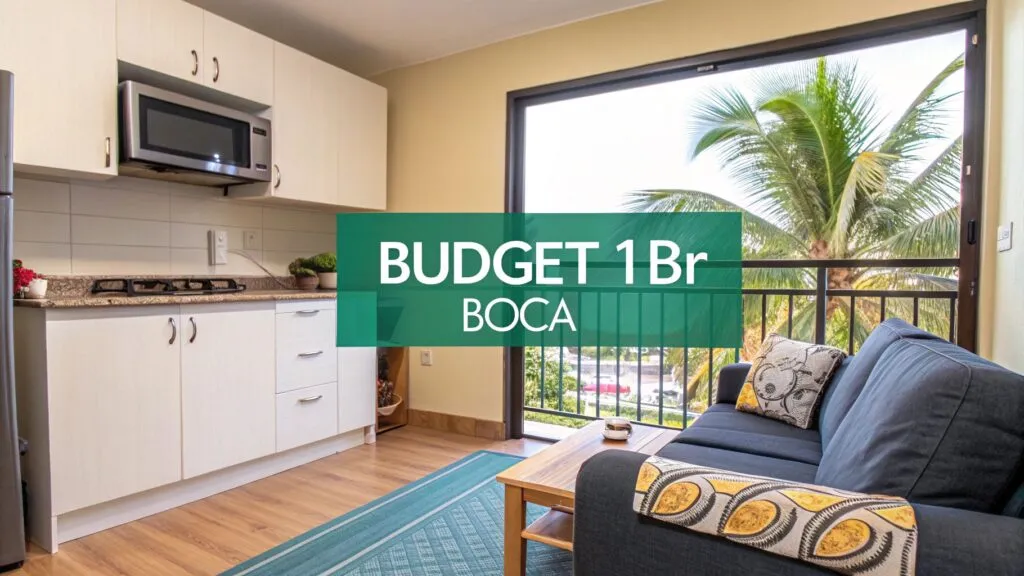 A cozy living area with a sofa, coffee table, and kitchen, next to a sliding glass door that opens to a balcony with tropical palm trees. Text overlay reads: 