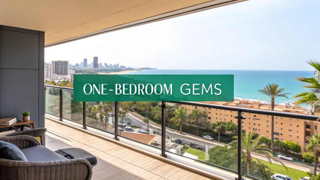 A modern balcony with seating overlooks a coastal city and ocean. Large text on the image reads 